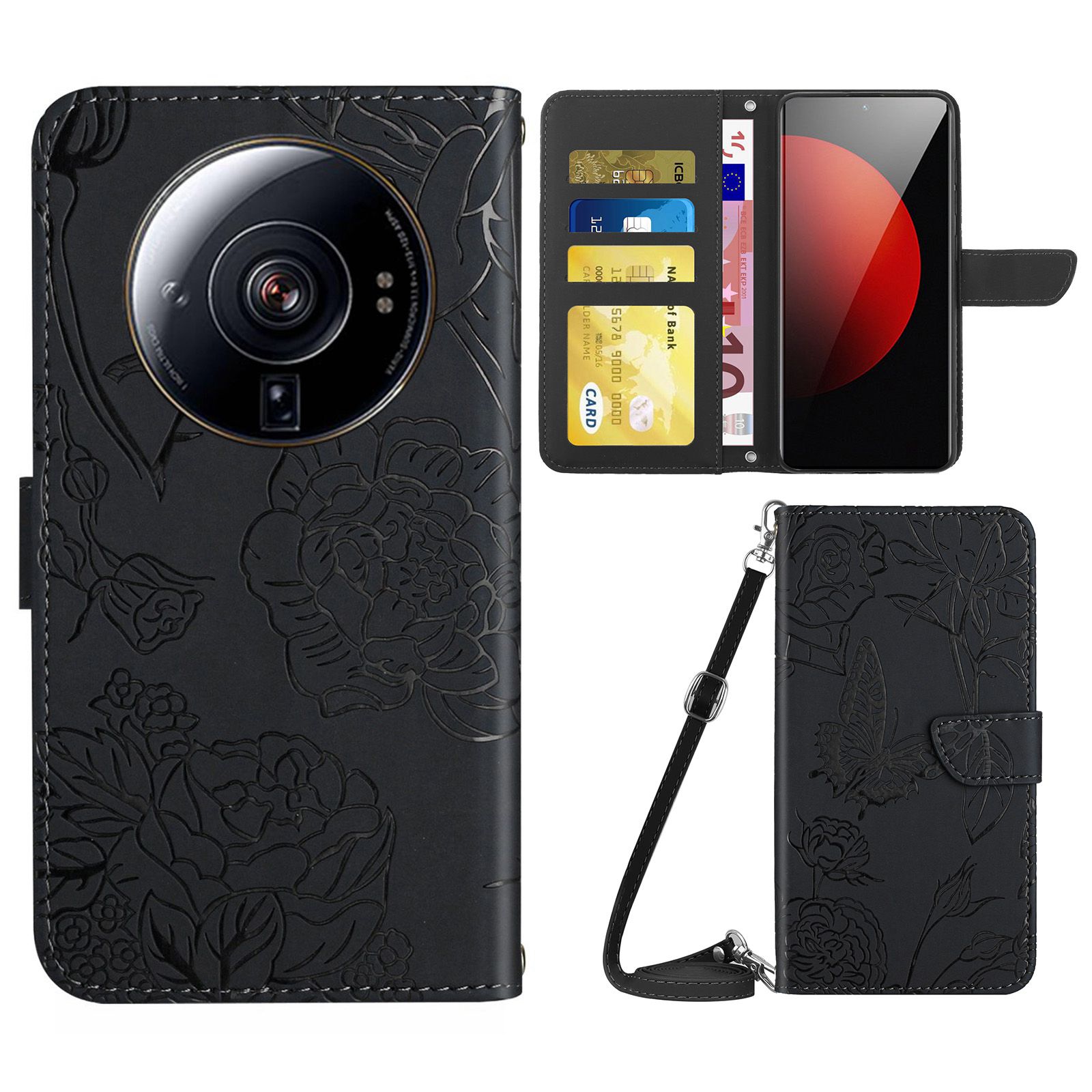 

Für Xiaomi 12s Ultra 5G Hauttouch PU Leder Schmetterlingsblüten Einspannungskoffer Telefonständer Brieftasche Mit Schultergurt - Schwarz, Xiaomi 12S Ultra 5G