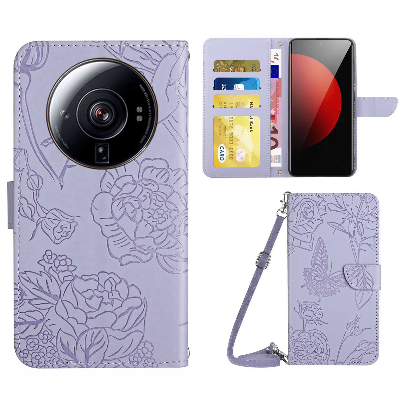 

Für Xiaomi 12s Ultra 5G Hauttouch PU Leder Schmetterlingsblüten Einspannungskoffer Telefonständer Brieftasche Mit Schultergurt - Helles Lila, Xiaomi 12S Ultra 5G