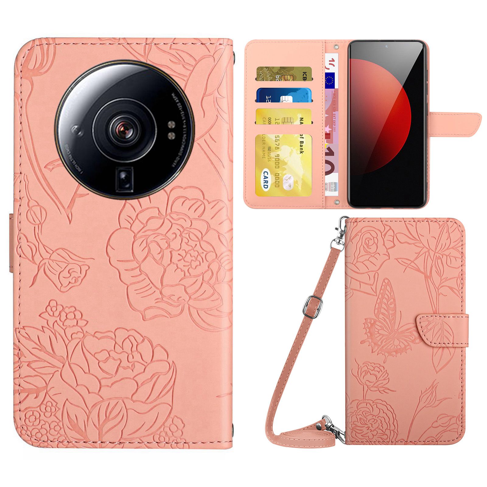 

Für Xiaomi 12s Ultra 5G Hauttouch PU Leder Schmetterlingsblüten Einspannungskoffer Telefonständer Brieftasche Mit Schultergurt - Rosa, Xiaomi 12S Ultra 5G