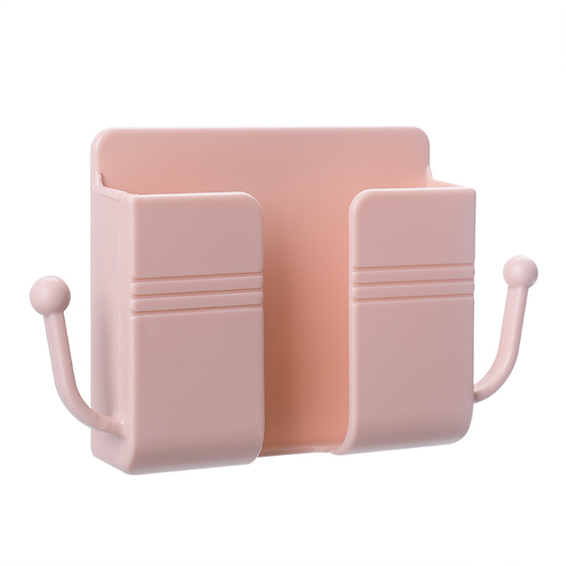 

Wall Mount Remote Control Phone Holder Self-Adhesive Beside Organizer Storage Box with Hook - Pink