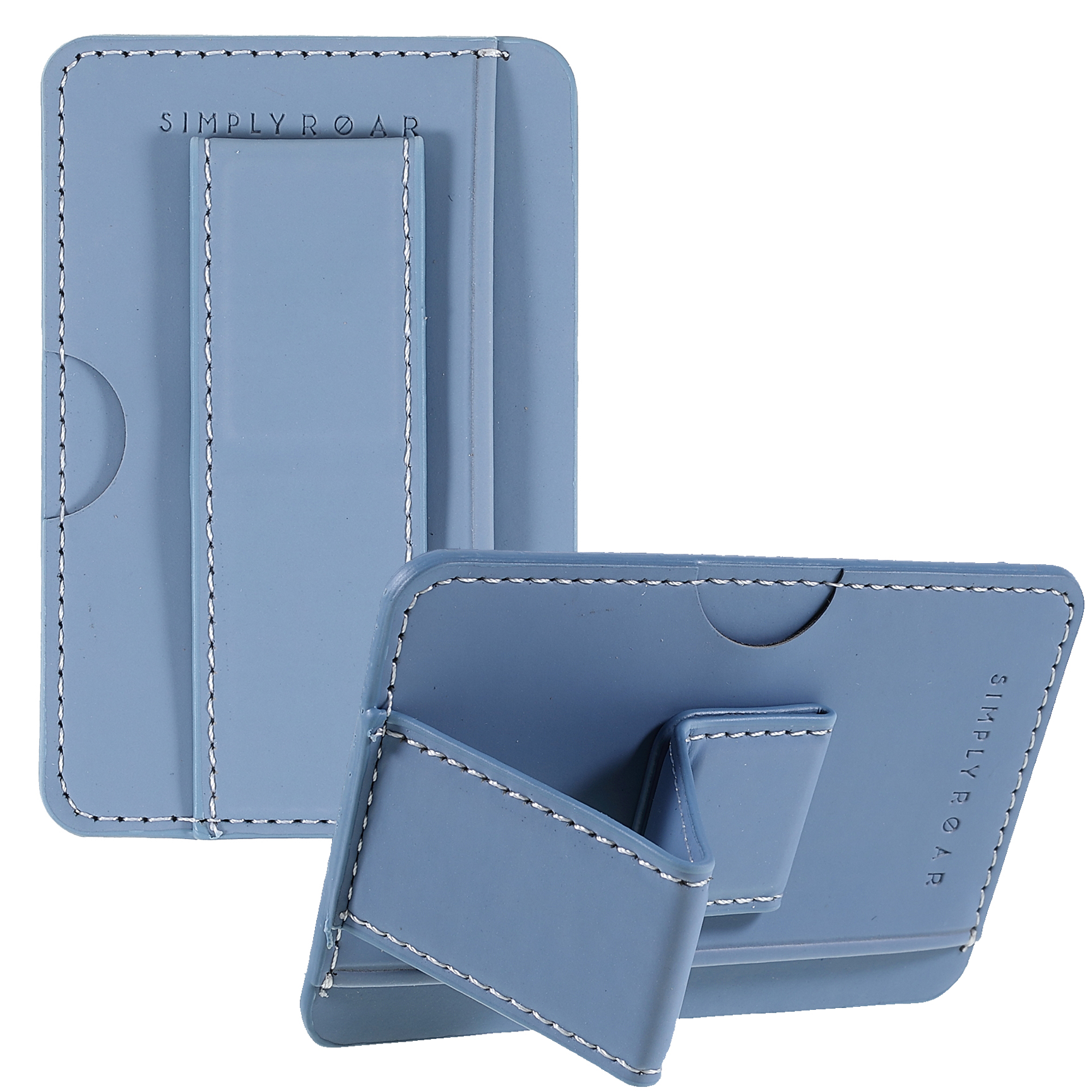 

PU Leather Back Phone Stick-On Card Holder Pocket Finger Strap Kickstand for Most Smartphones - Sky Blue, Universal