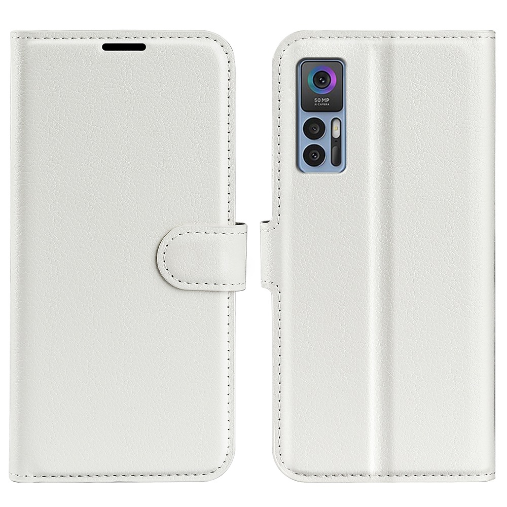 

Folio Flip Litchi Skin en Cuir en Cuir Pour TCL 30 5G, Portefeuille Réglable Horizontal Stand Cover Accessoire - Blanche