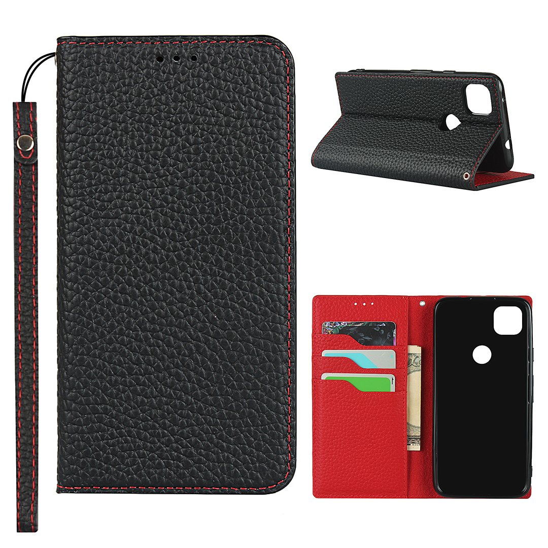 

Litchi Skin Genuine Leather Coated TPU Stand Case for Google Pixel 4a - Black