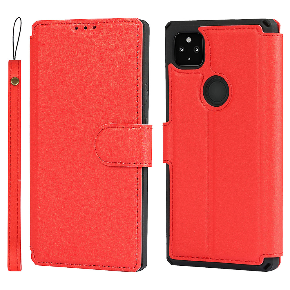 

PU Leather Wallet Phone Cover with Wrist Strap for Google Pixel 4a - Red