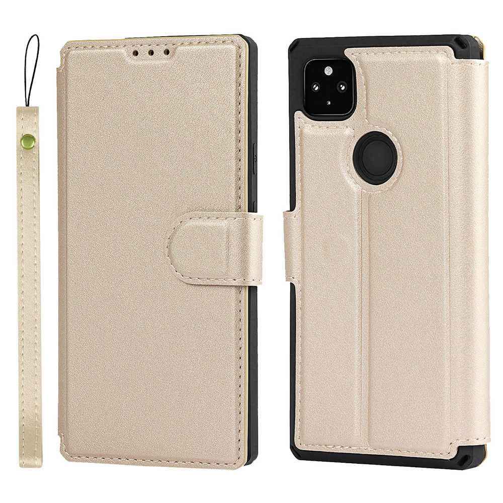 

PU Leather Wallet Phone Cover with Wrist Strap for Google Pixel 4a - Gold