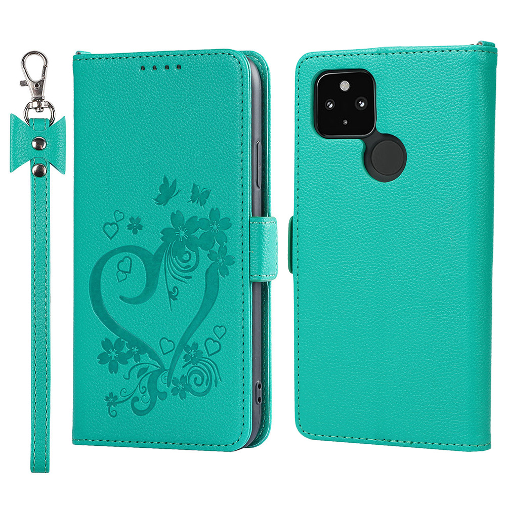 

Élégant Portefeuille de Porte-chocs de Motif de Coeur Écoute de Téléphone en Cuir Avec Bracelet de Poignet Pour Google Pixel 4a 5G - Vert