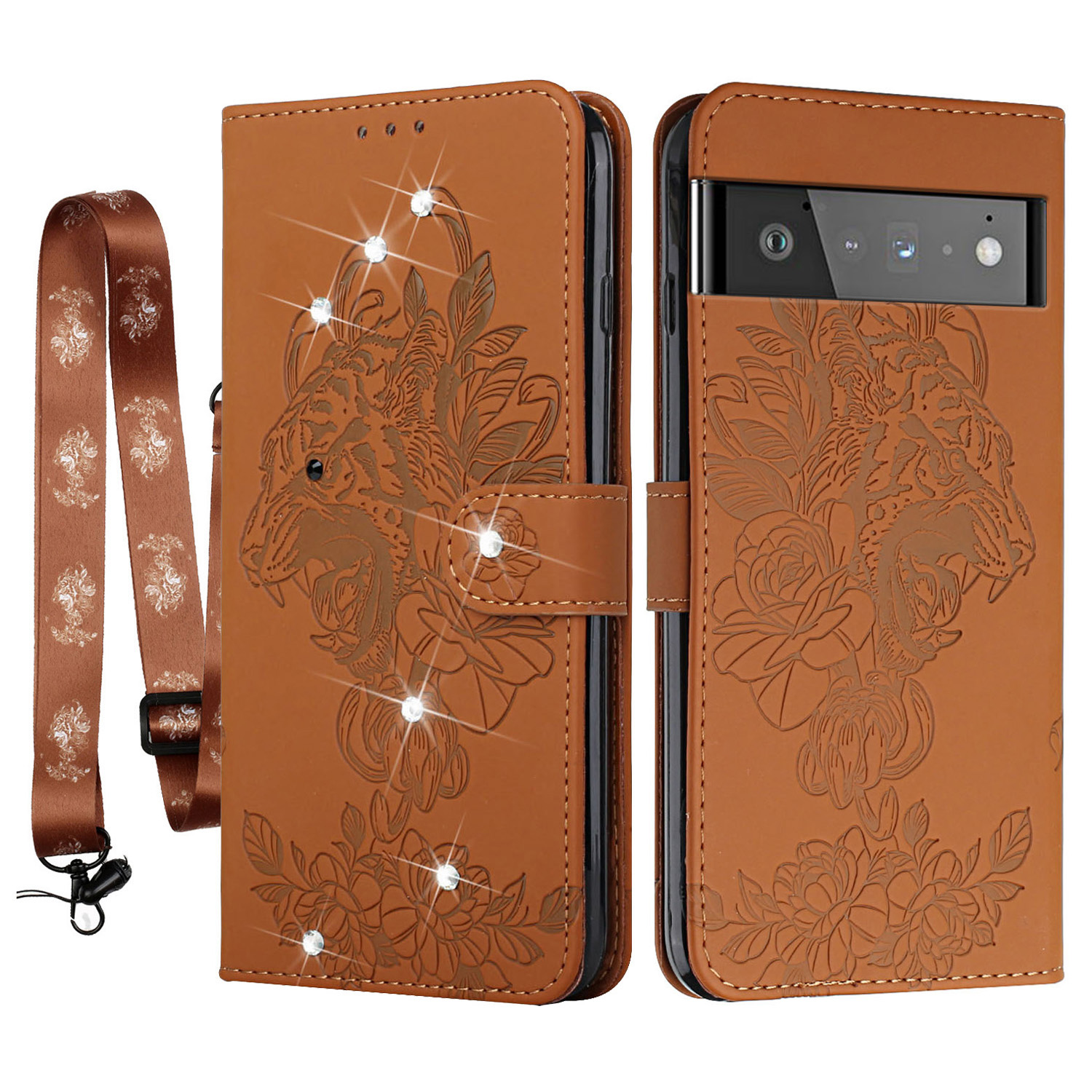 

Tiger Head Imprited Glänzende Strasssteine ​​Brieftasche Stand Ledertasche Mit Lanyard Für Google Pixel 6 Pro - Braun, Google Pixel 6 Pro 5G