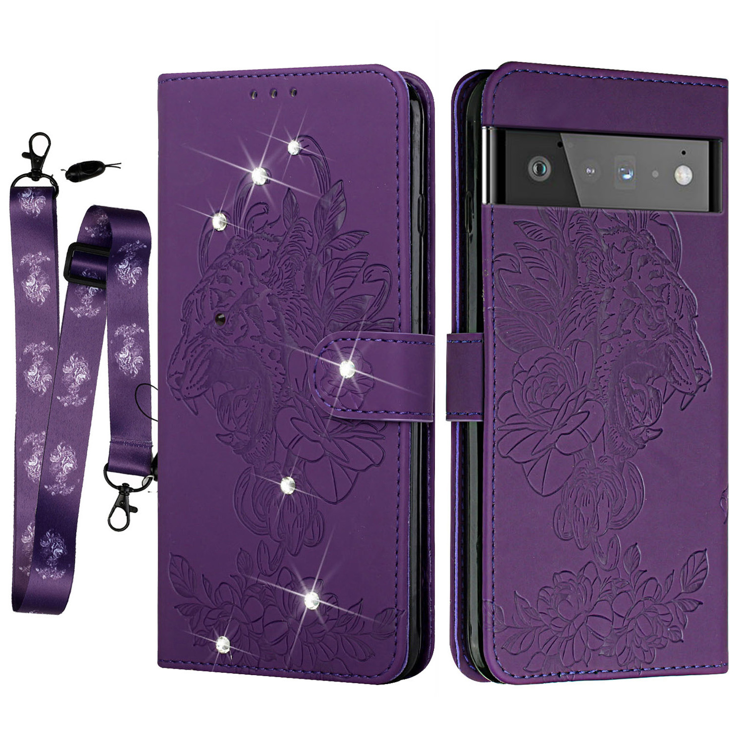

Tiger Head Imprited Glänzende Strasssteine ​​Brieftasche Stand Ledertasche Mit Lanyard Für Google Pixel 6 Pro - Violett, Google Pixel 6 Pro 5G