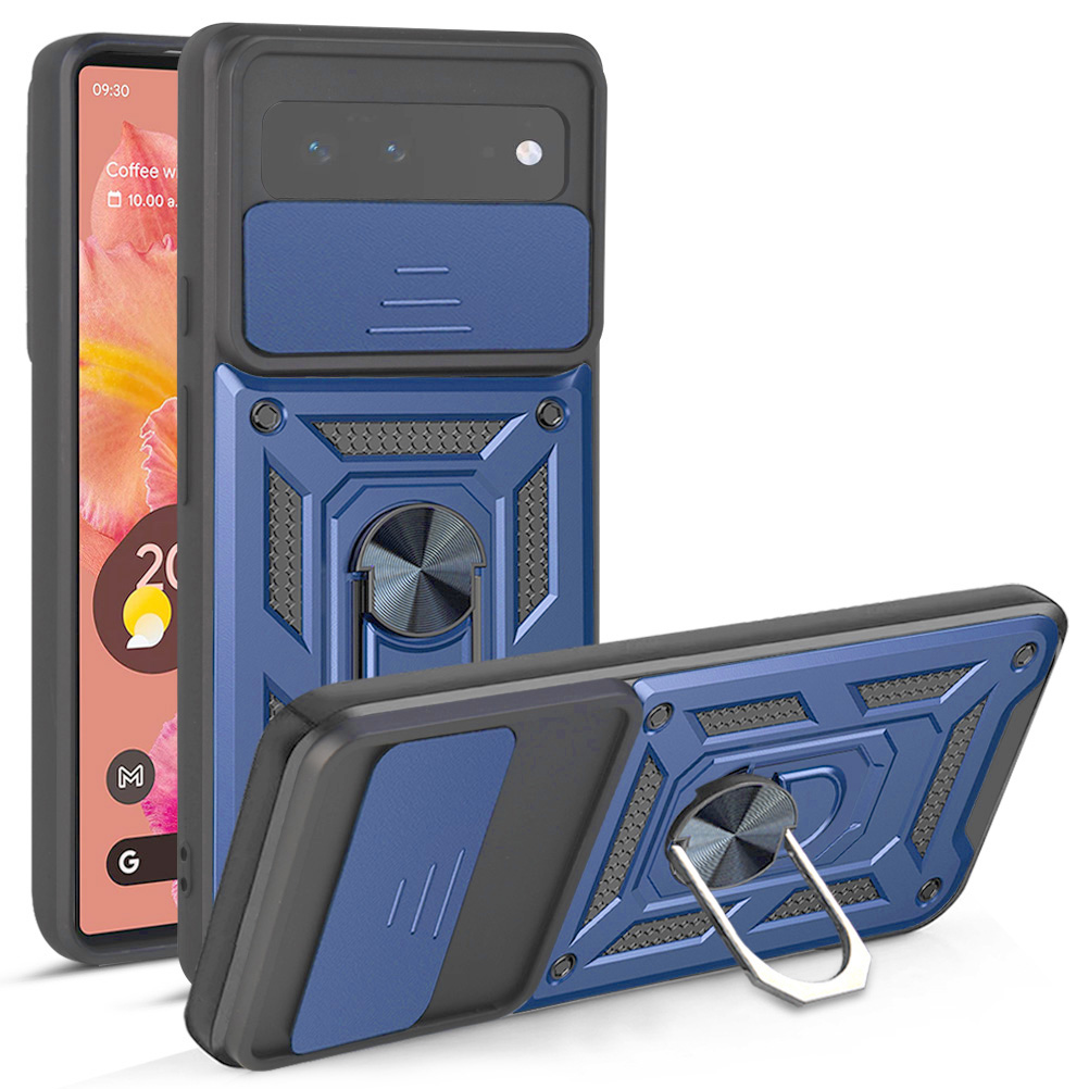 

Ring Kickstand Design Anti-Scratch Anti-Fingerprint-Kamera-Schieberegdeckung PC + TPU Anti-Fall-Hybrid-Gehäuseabdeckung Für Google Pixel 6 - Blau, Google Pixel 6