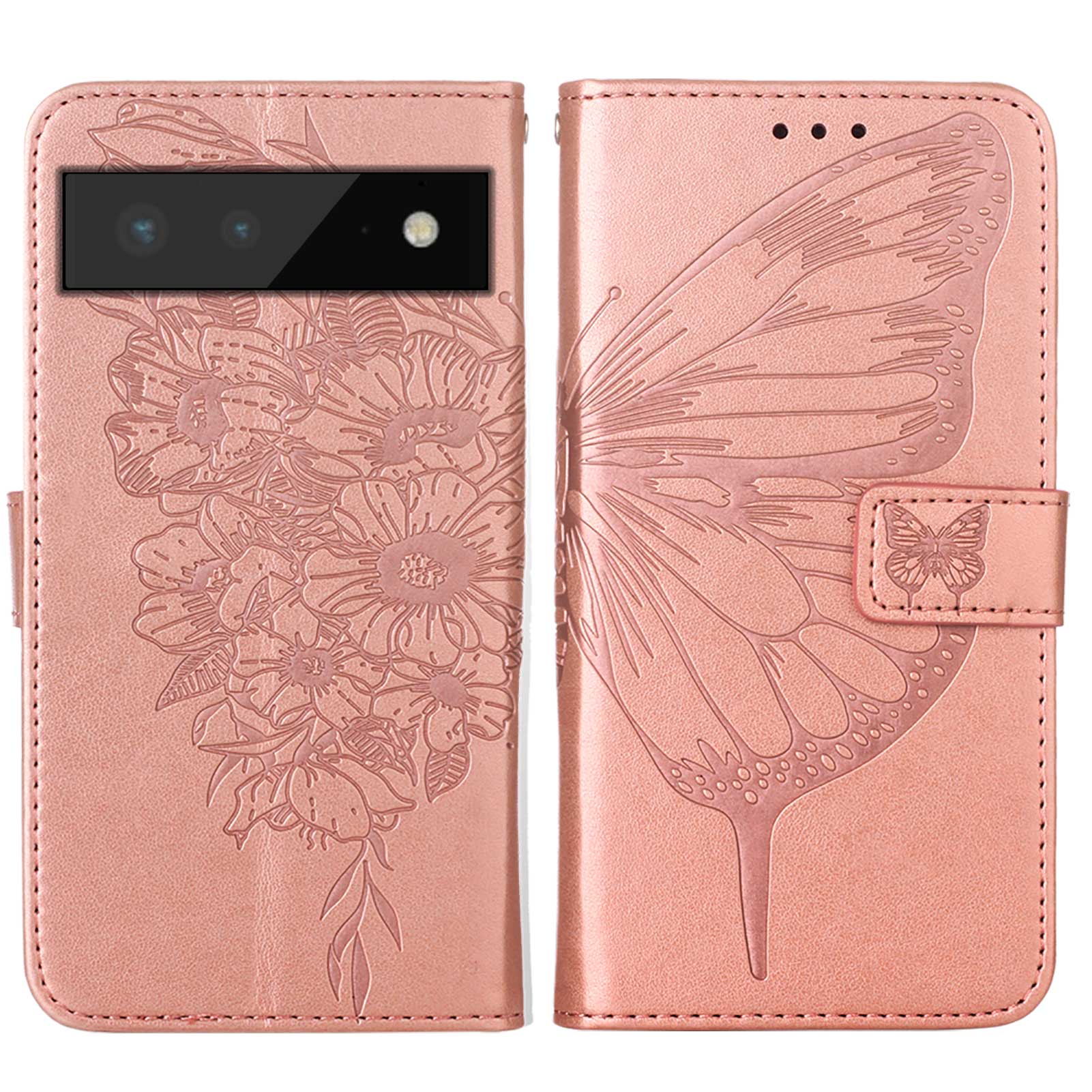 

Impression de Papillon Motif de Fleurs en Cuir PU + Protecteur de Boîtier de Téléphone TPU Avec Portefeuille Stand Pour Google Pixel 6 Pro - or Rose