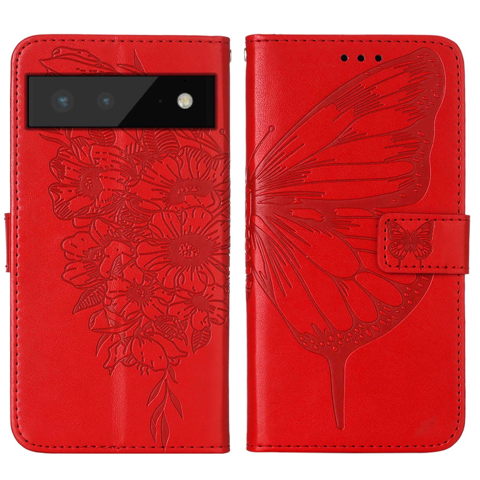 

Well-protected Phone Case Imprinting Big Butterfly Flower Pattern Drop-proof PU Leather Cover with Wallet for Google Pixel 6 - Red