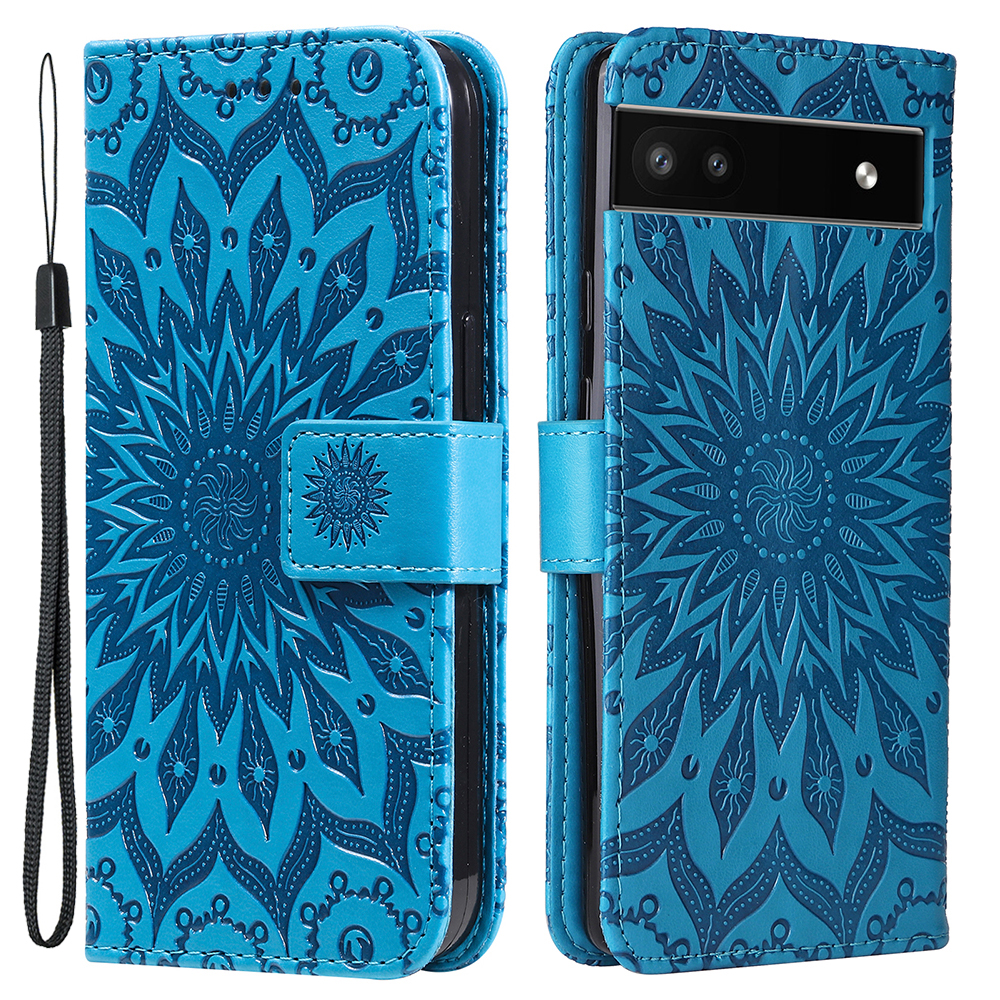 

Kt-sprudelblumen-serie-1 Mandala Sonnenmuster Geprägter PU Leder + TPU Innere 360 ​​grad Schutz Flip Wallet Hülle Mit Riemen Für Google Pixel 6a 5g - Blau, Google Pixel 6a