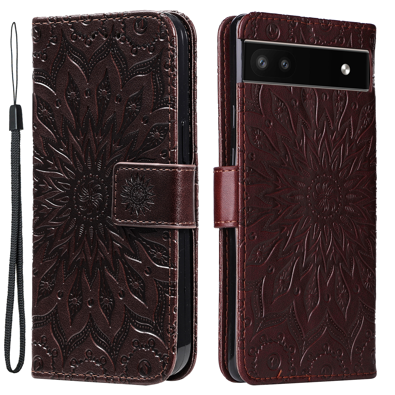 

Kt-sprudelblumen-serie-1 Mandala Sonnenmuster Geprägter PU Leder + TPU Innere 360 ​​grad Schutz Flip Wallet Hülle Mit Riemen Für Google Pixel 6a 5g - Braun, Google Pixel 6a