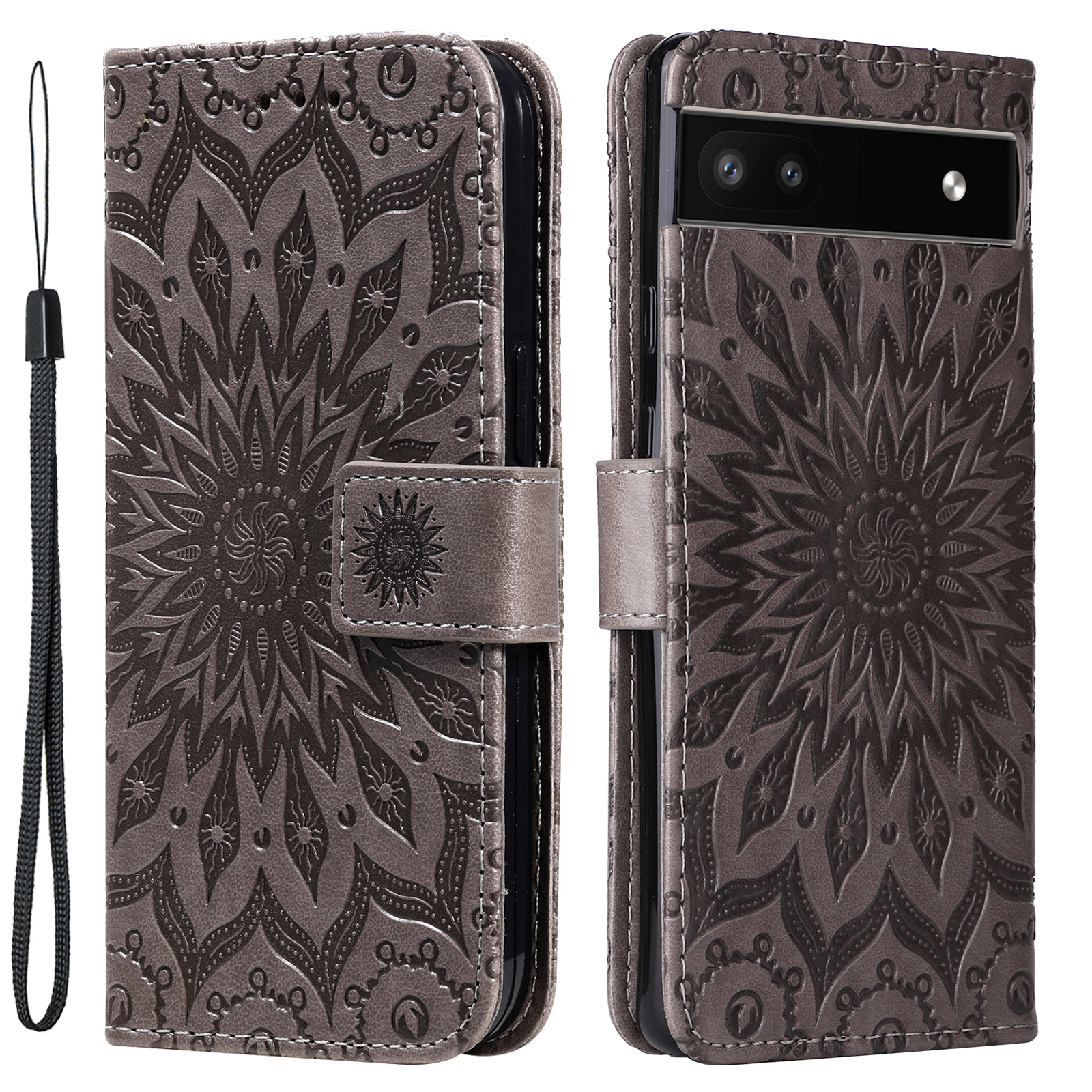 

Kt-sprudelblumen-serie-1 Mandala Sonnenmuster Geprägter PU Leder + TPU Innere 360 ​​grad Schutz Flip Wallet Hülle Mit Riemen Für Google Pixel 6a 5g - Grau, Google Pixel 6a