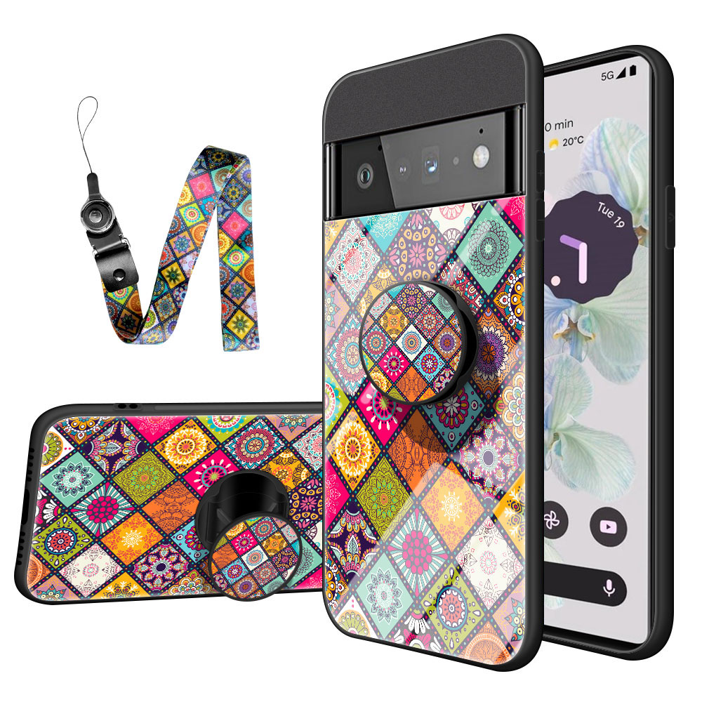 

Für Google Pixel 7 Pro Tempered Glass Flower Muster Case Kickstand Kratzfeste Harte PC Weiche TPU-Kanten-Telefonabdeckung Mit Lanyard - Farbmuster, Google Pixel 7 Pro 5G
