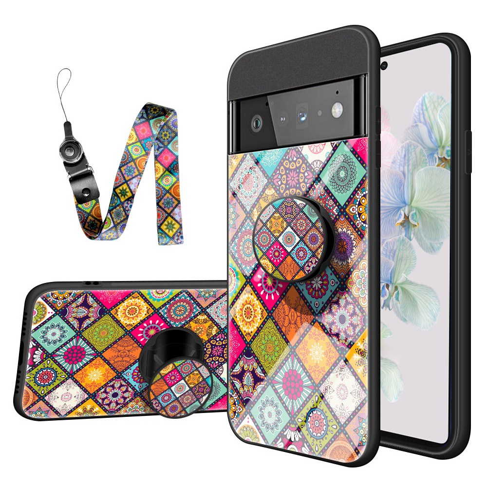 

Blumenmuster Telefonfall Für Google Pixel 7 Temperiertes Glas + PC + TPU Lanyard Design Kickstand Protektor - Farbmuster, Google Pixel 7 5G