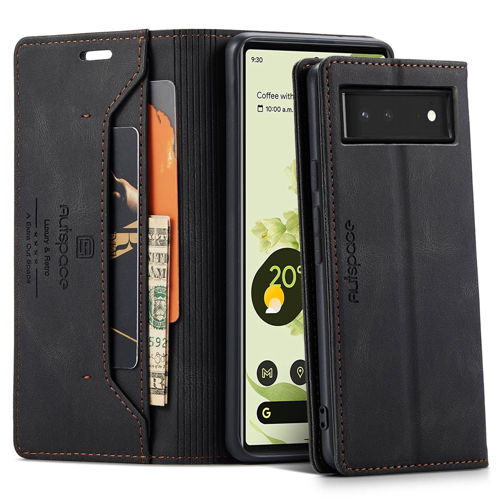 

Autspace A01 -serie Für Google Pixel 6 RFID -blockierung Stoßdichter Magnetverschlussschale, Retro -matte PU -leder + TPU -brieftasche Flip Cover - Schwarz, Google Pixel 6