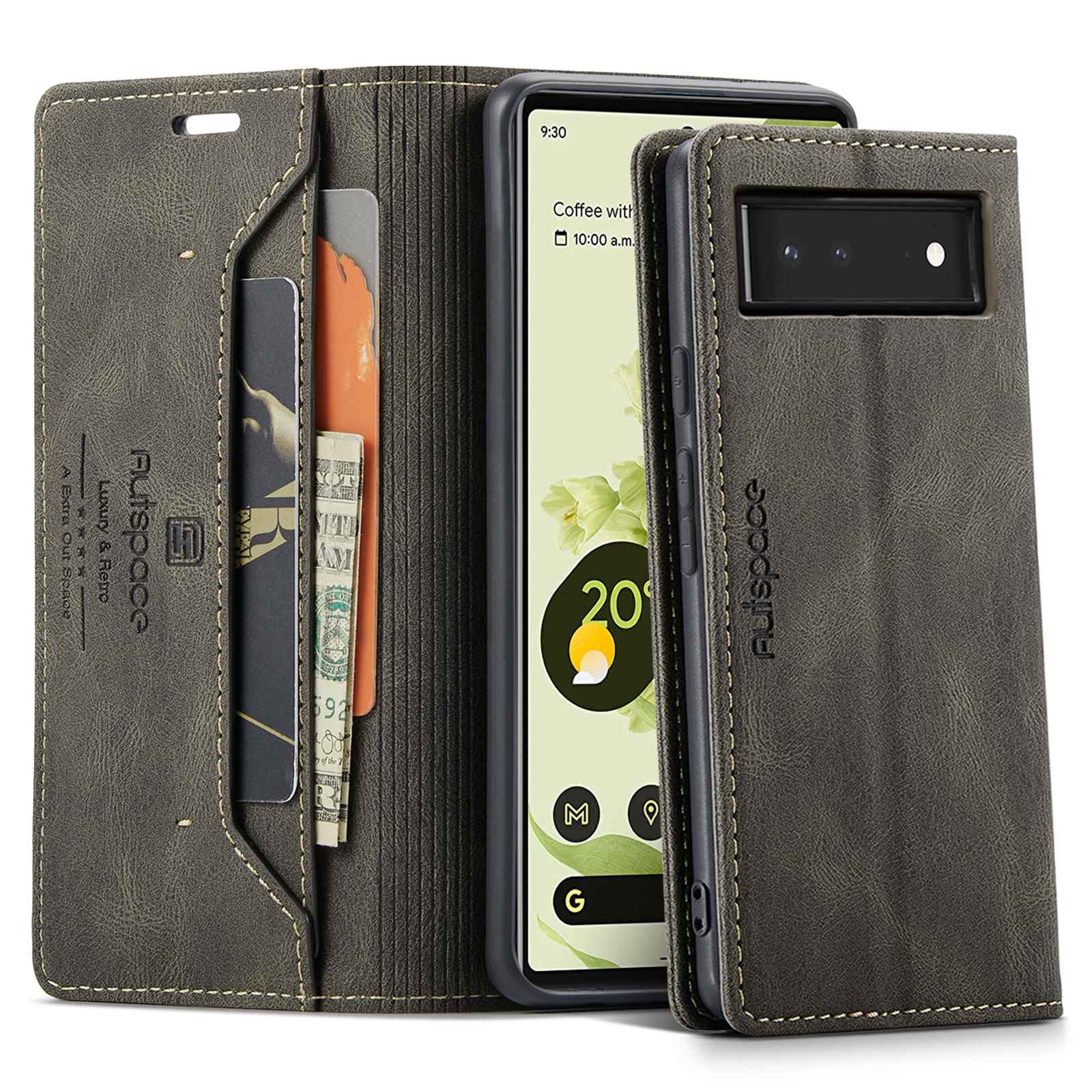

Autspace A01 -serie Für Google Pixel 6 RFID -blockierung Stoßdichter Magnetverschlussschale, Retro -matte PU -leder + TPU -brieftasche Flip Cover - Grau, Google Pixel 6