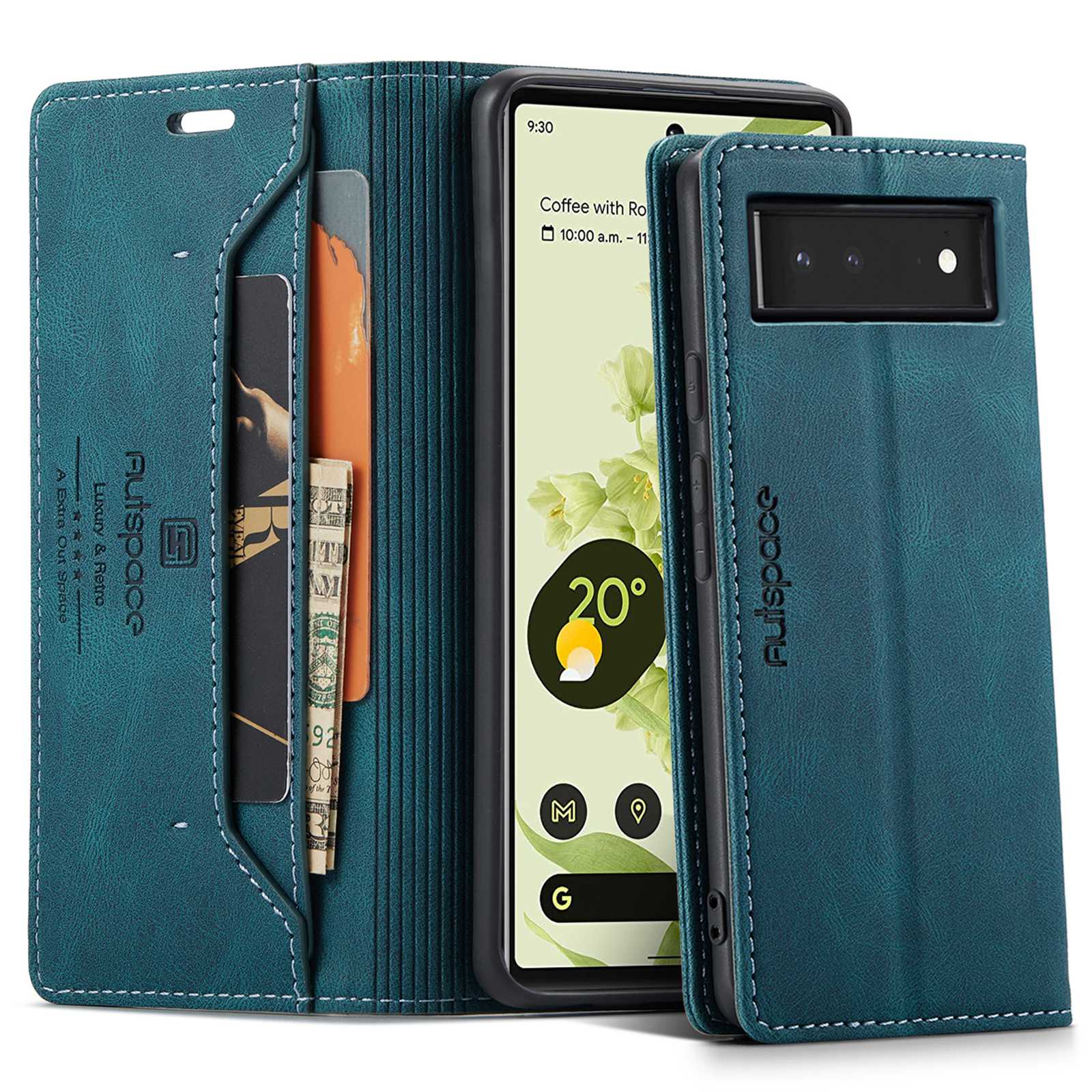

Autspace A01 -serie Für Google Pixel 6 RFID -blockierung Stoßdichter Magnetverschlussschale, Retro -matte PU -leder + TPU -brieftasche Flip Cover - Blau, Google Pixel 6