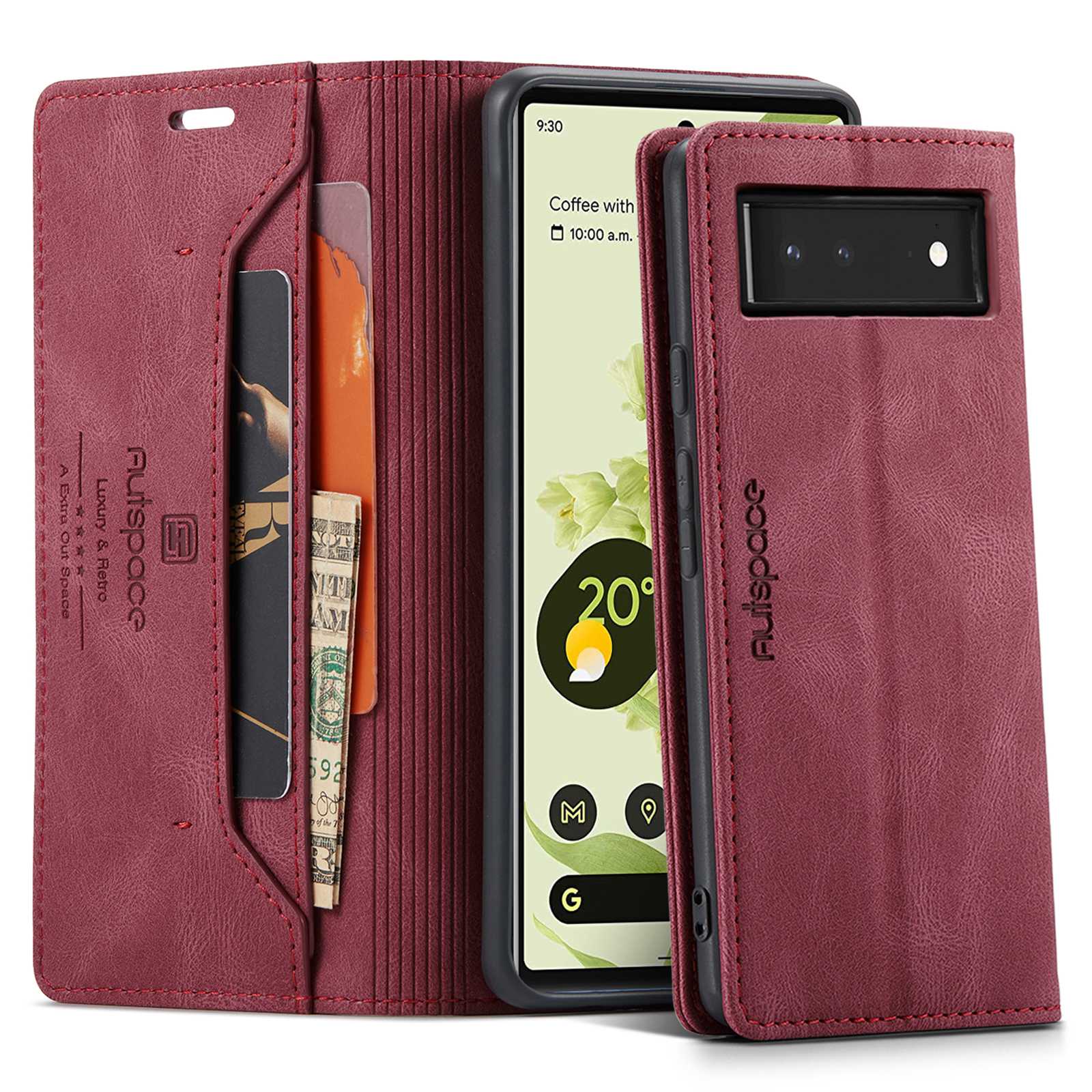 

Autspace A01 -serie Für Google Pixel 6 RFID -blockierung Stoßdichter Magnetverschlussschale, Retro -matte PU -leder + TPU -brieftasche Flip Cover - Rot, Google Pixel 6