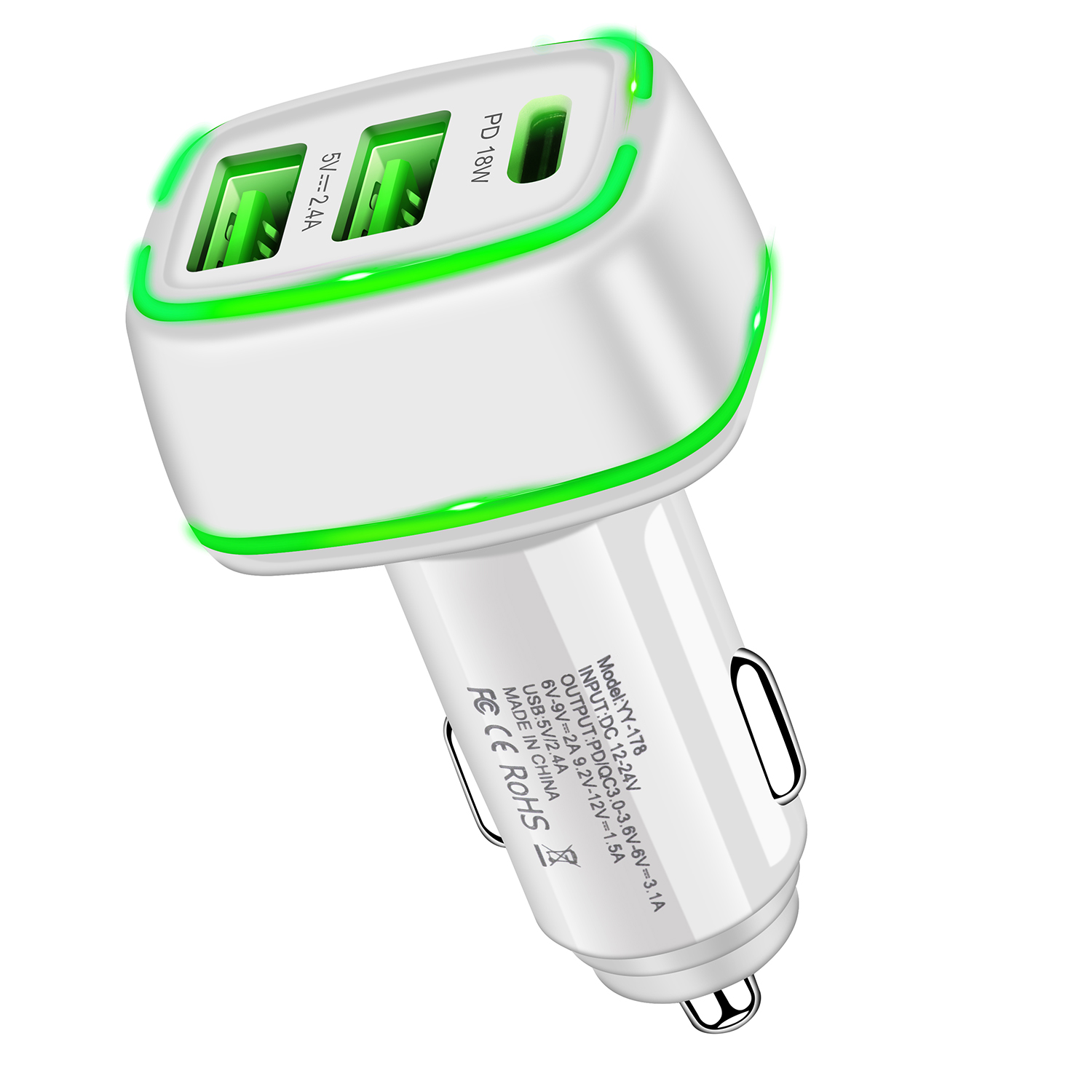 

YY-178 Dual USB + PD 18W Type-C Three Port Car Charger Adapter with LED Indicator for iPhone Samsung - White, iPhone 12 mini