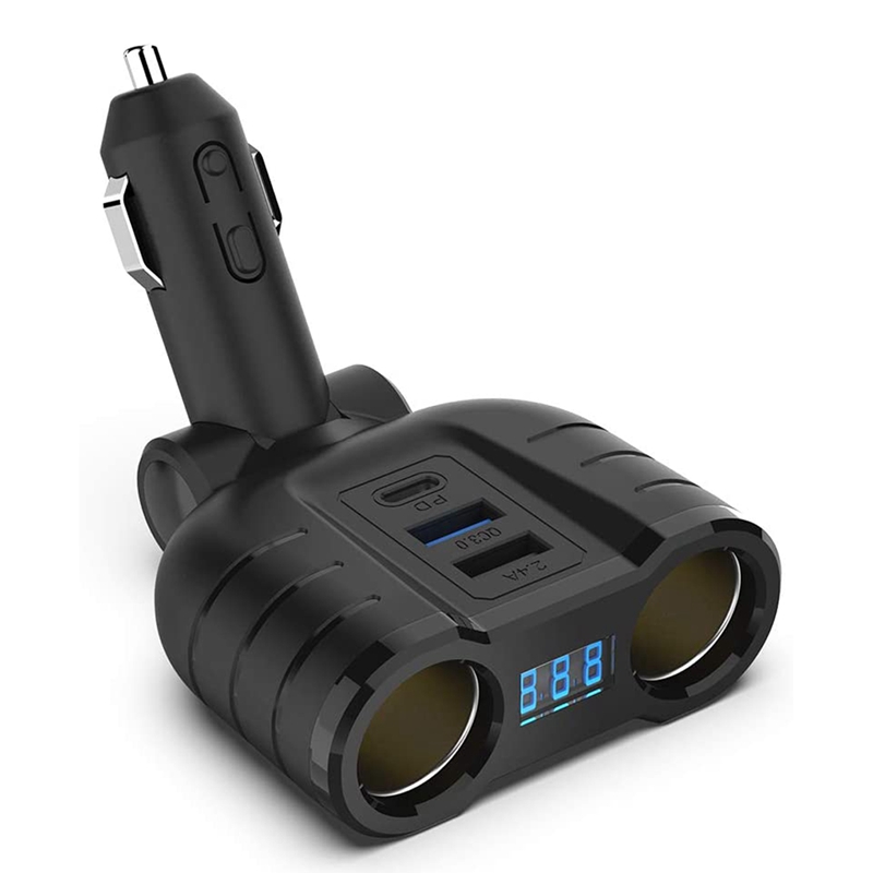

ROCKETEK CC802 Lighter Splitter QC3.0 Adapter Car Charger with LED Voltage Display with 1 PD Fast Charging Type-C Port, Universal