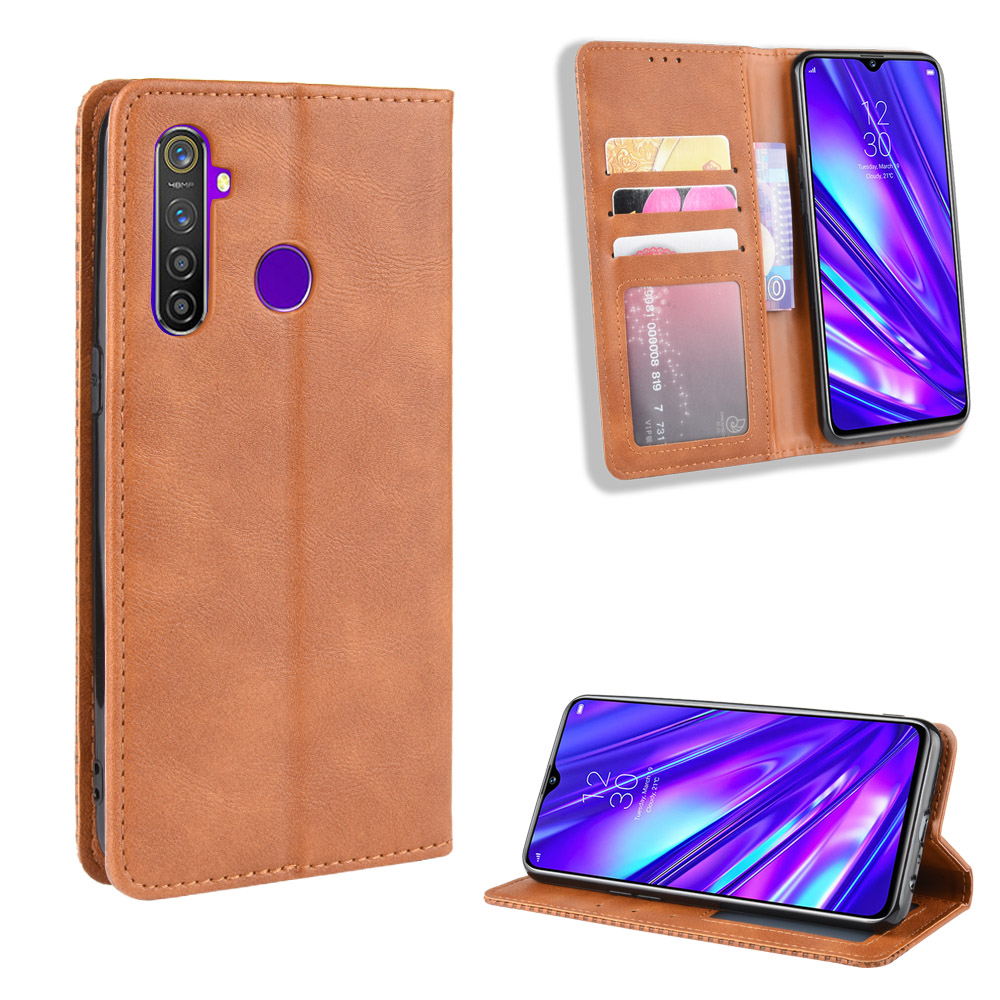 

Étui de Portefeuille en Cuir Rétro Pour Oppo Realme 5 - Brun, Oppo OPPO Realme 5