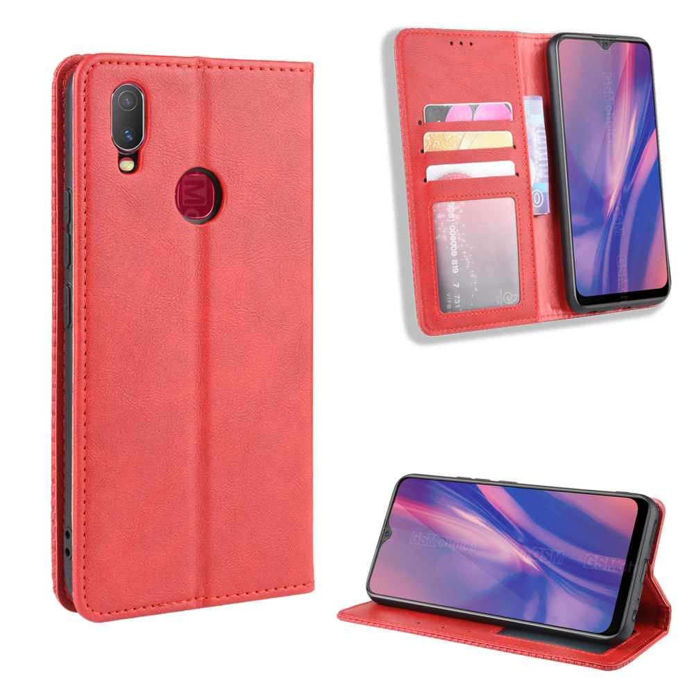 

Vintage Style Leather Wallet Stand Case for vivo Y11 (2019) - Red