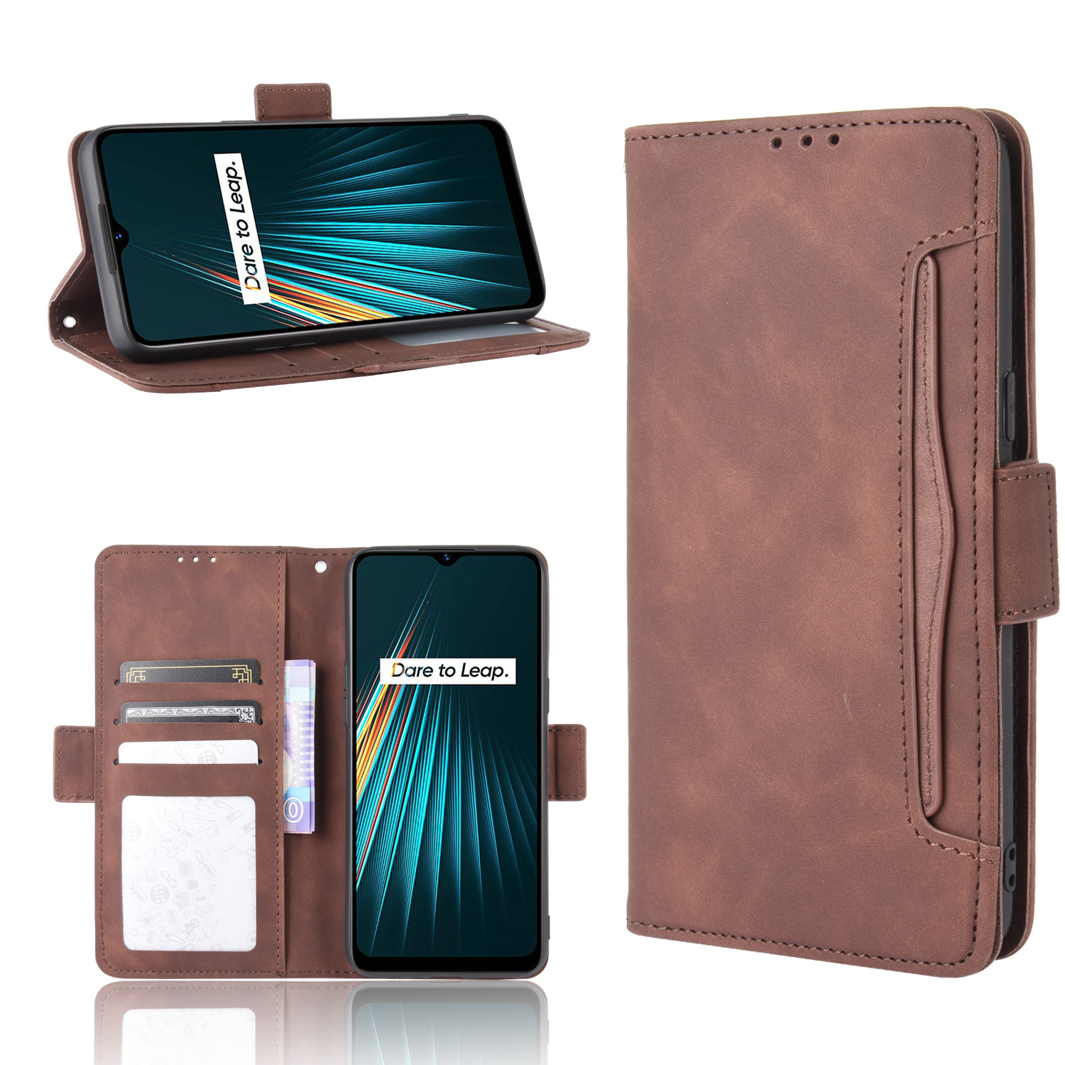 

Multiple Card Slots Wallet Stand Phone Stand Case for Realme 5/Realme 5S/Realme 5i/Realme C3 (with Fingerprint Sensor)/Realme 6i - Brown, Oppo OPPO Realme 5