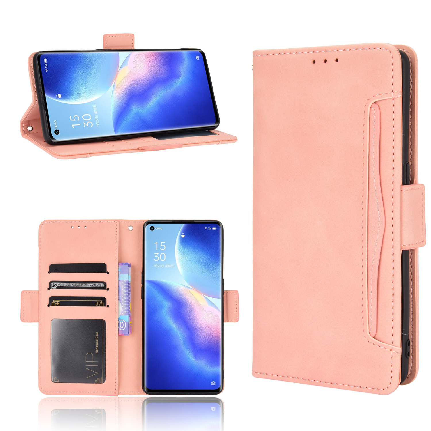 

Multiple Card Slots Phone Shell for Oppo Reno5 Pro 5G Leather Wallet Protective Case - Pink, Oppo Oppo Reno5 Pro 5G