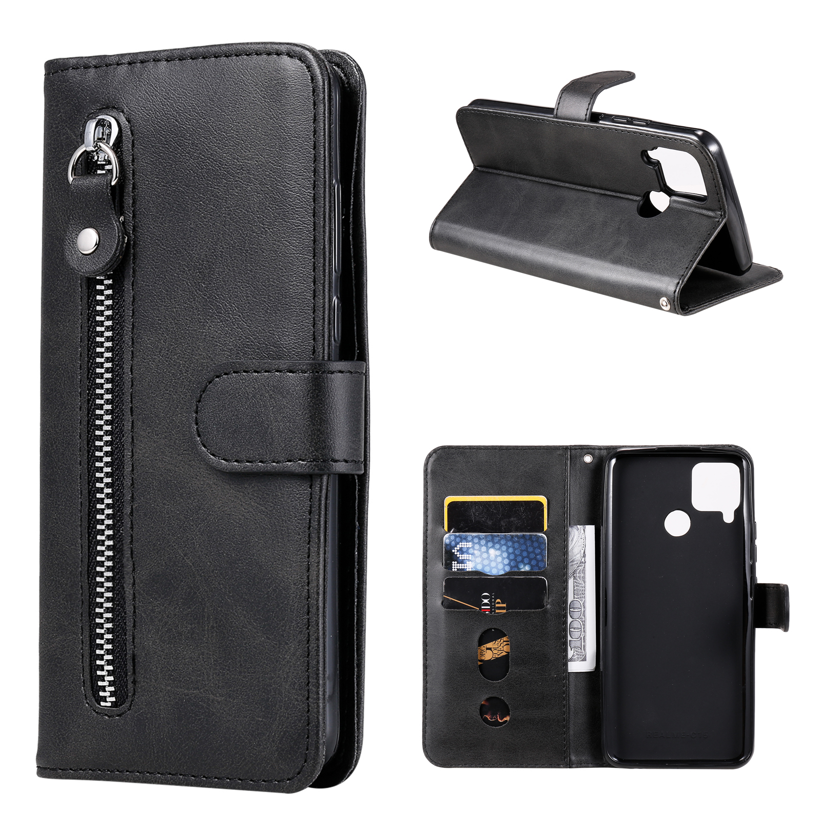 

Reißverschluss in Tasche Leder Beschützer Brieftasche Hülle Für Realme C15/C12/Narzo 20/7i (global) - Schwarz, Realme C15