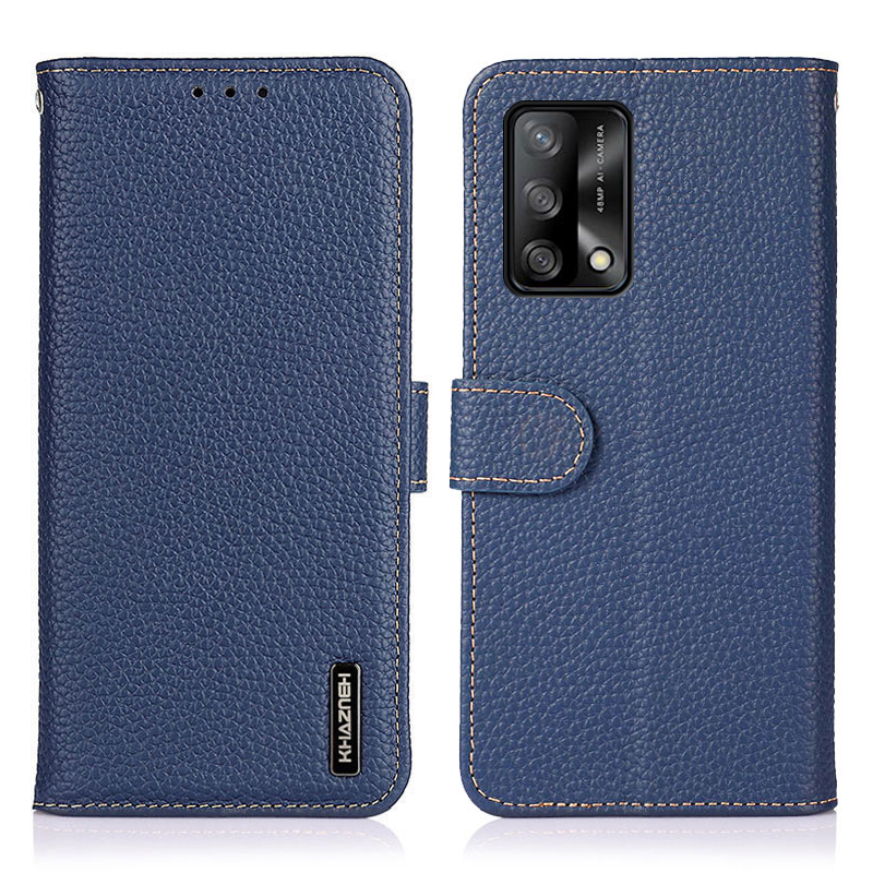

Khazneh Litchi Hautoberfläche Top -schicht Echtes Leder Brieftaschenabdeckungskoffer Für Oppo F19/A74 4g - Blau, Oppo F19