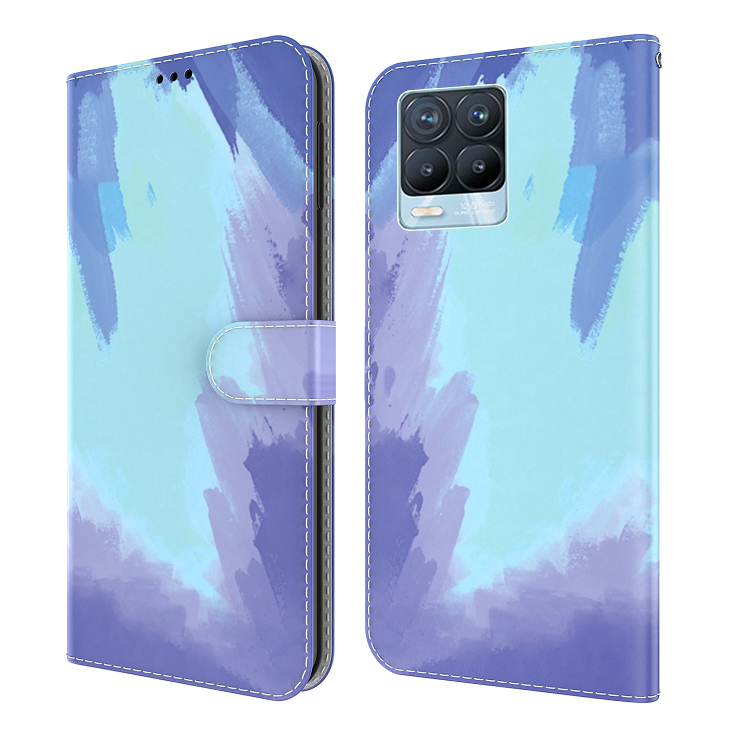 

Stylish Watercolor Pattern Well-Protected Stand Wallet Design Leather Phone Case for Realme 8/8 Pro - Dark Blue