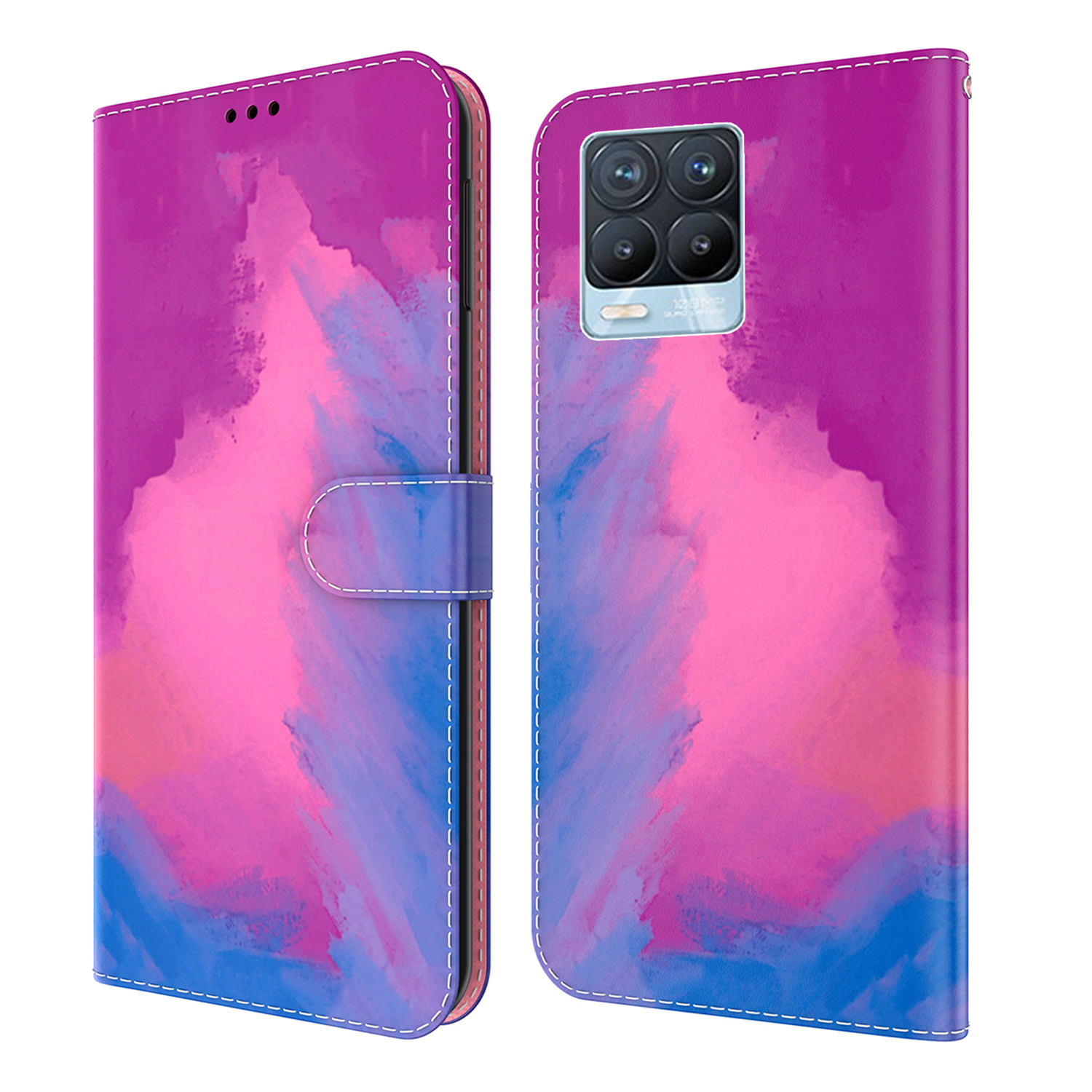 

Stilvolles Aquarellmuster Gut Geschützter Stand Wallet Design Leder Telefon Fall Für REALME 8/8 PRO - Lila, Realme 8