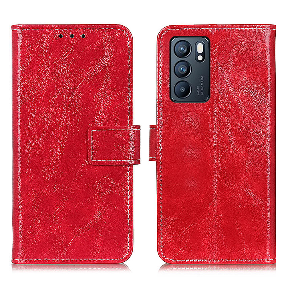 

Vintage Wallet Stand Design Crazy Horse Texture Leather Phone Case for Oppo Reno6 5G - Red