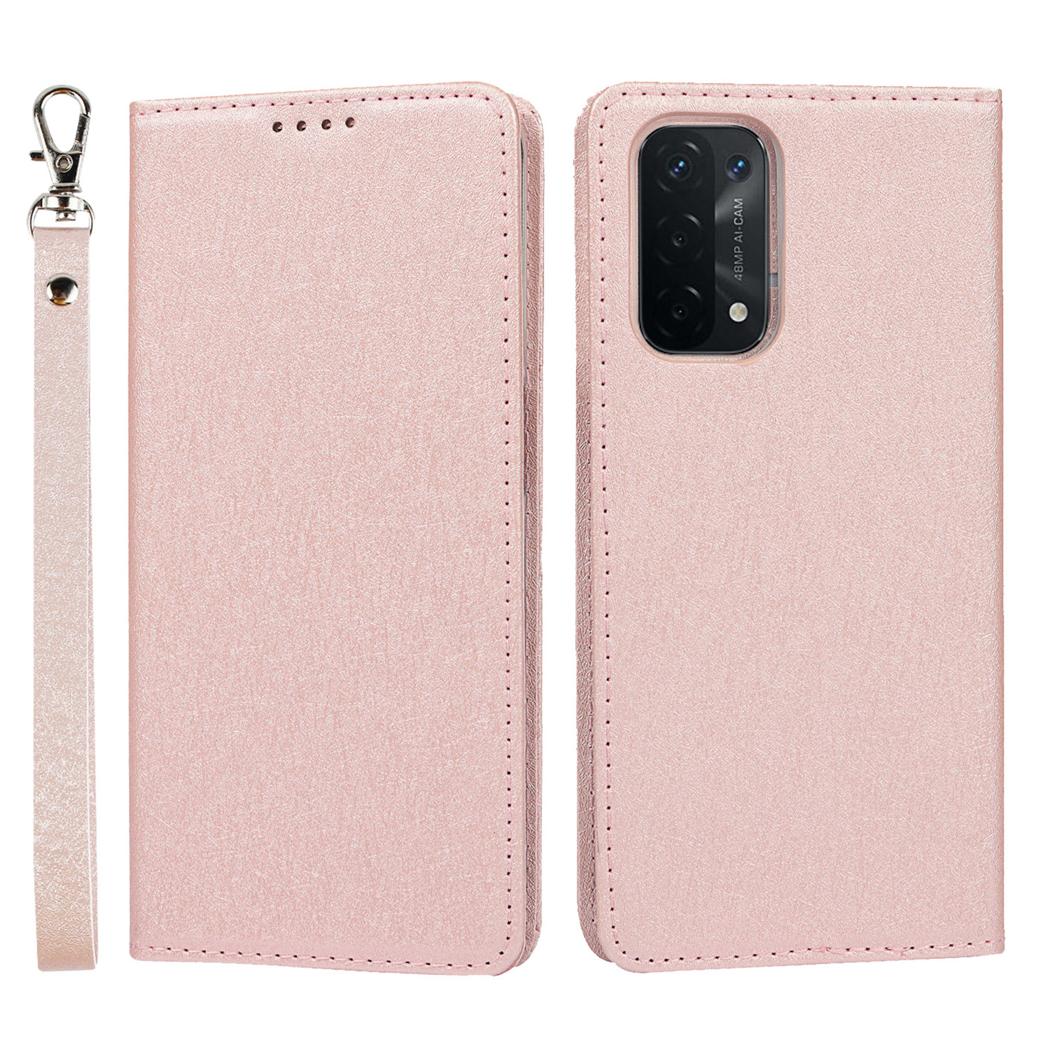 

Coupe de Portefeuille en Cuir de Texture en Soie Avec Sangle Pour Oppo A54 5G - or Rose