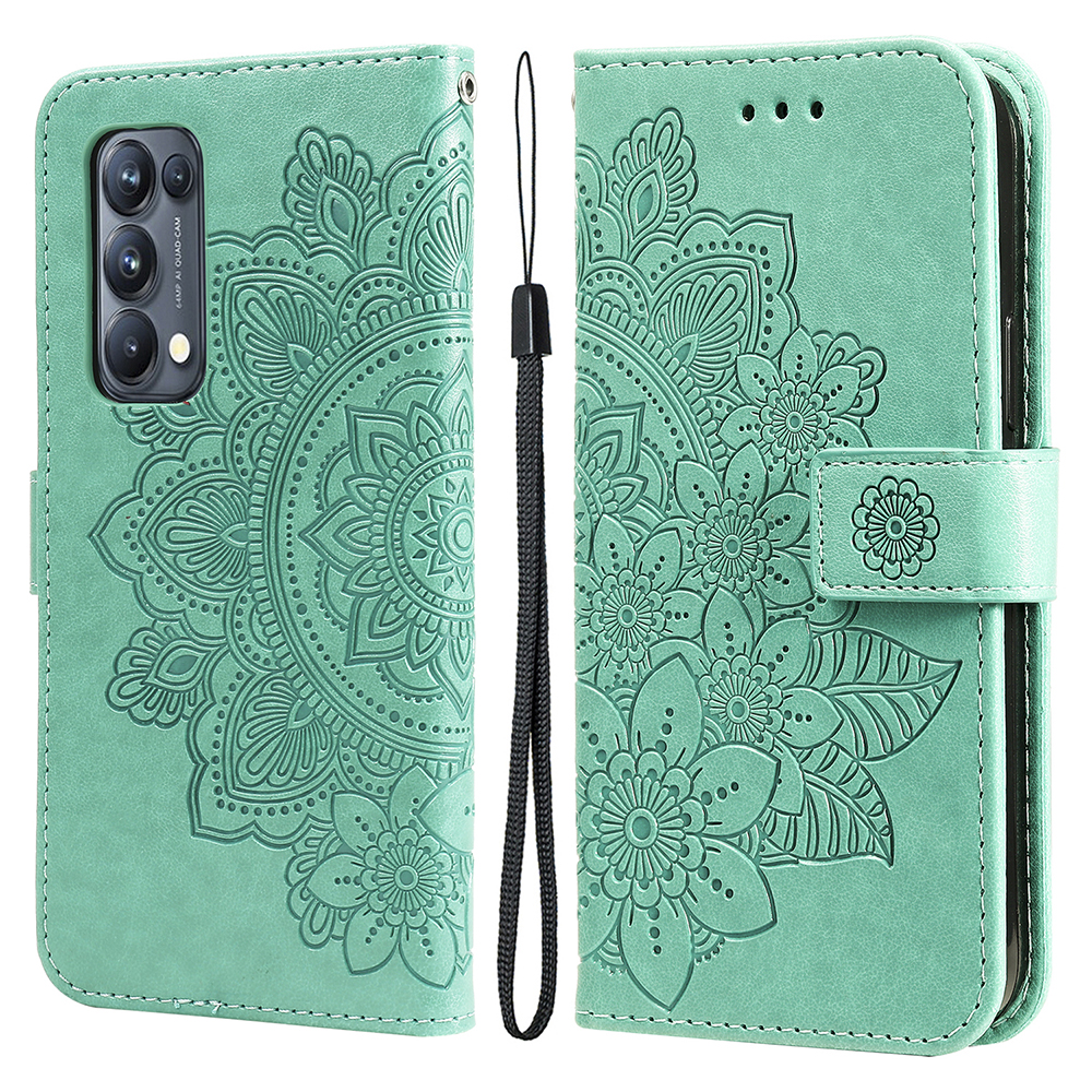 

Impreinte Fleurs PU PU le Cuir Téléphonique Portefeuille Étui de Support Avec Longe Pour Oppo Find X3 Neo / Reno5 Pro + 5G - Vert