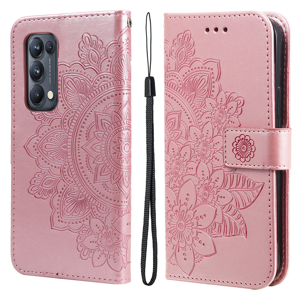 

Impreinte Fleurs PU PU le Cuir Téléphonique Portefeuille Étui de Support Avec Longe Pour Oppo Find X3 Neo / Reno5 Pro + 5G - or Rose
