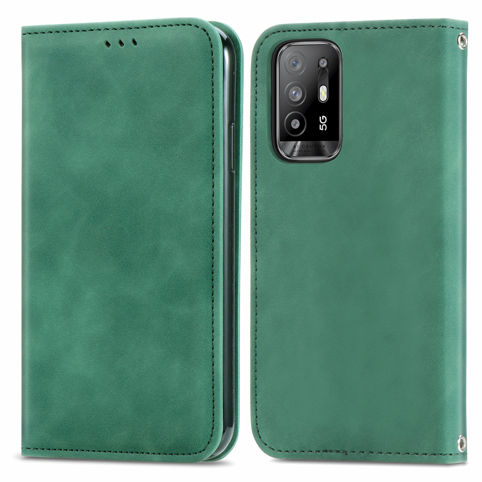 

Skin-touch Magnetic Auto-absorbiertes Ledergehäuseschale Mit Kartenhalter Für Oppo A94 5G - Grün, Oppo A94 5G