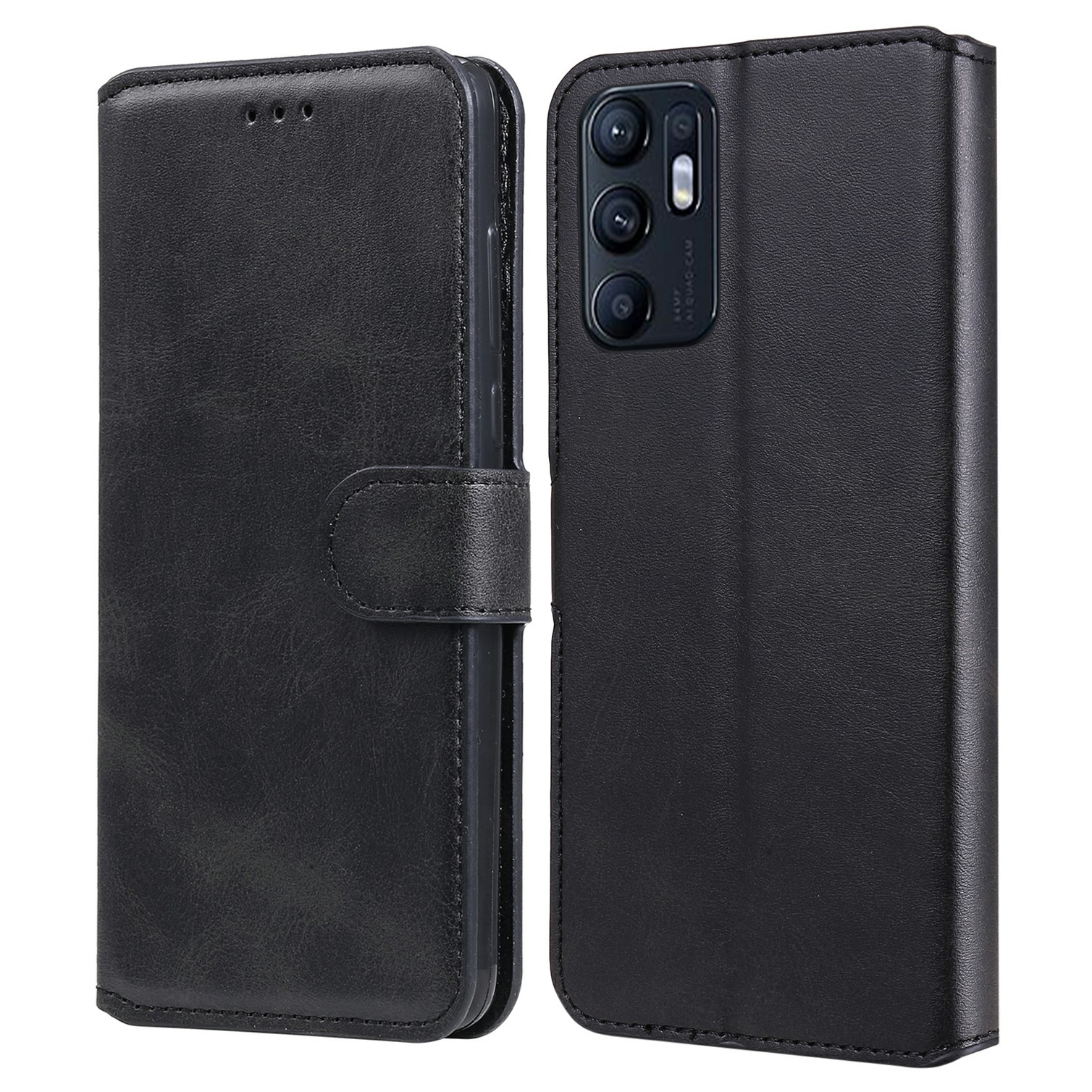 

Für Oppo Reno6 5G Lederwallet Mobiltelefon Schutzhülle Mit Ständer - Schwarz, Oppo Reno6 5G