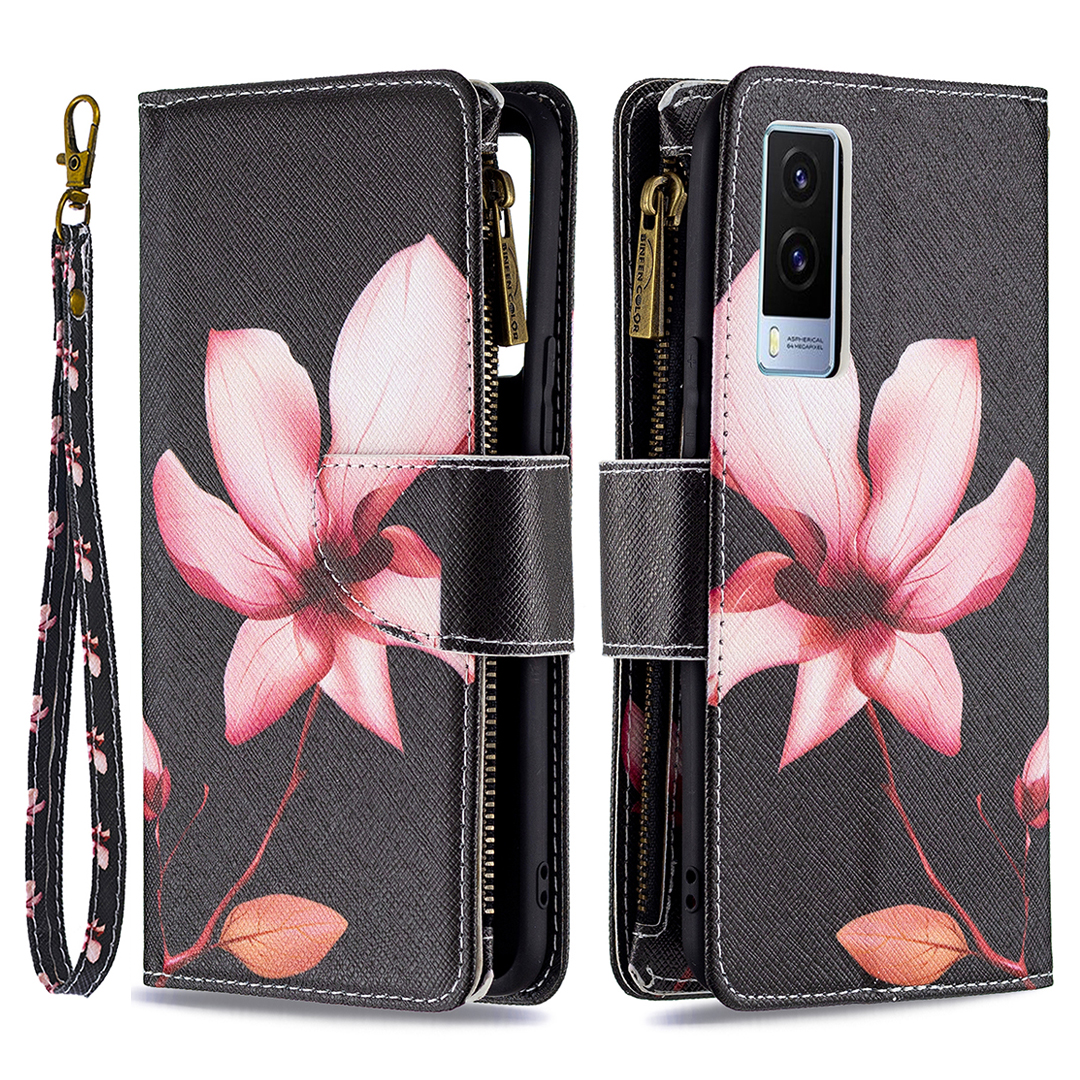 

BF03 Gut Geschützter Drop-resistenter Reißverschluss Brieftasche Design Lederhülle Mit Stand Für Vivo V21e 5g - Lotus, vivo V21e 5G