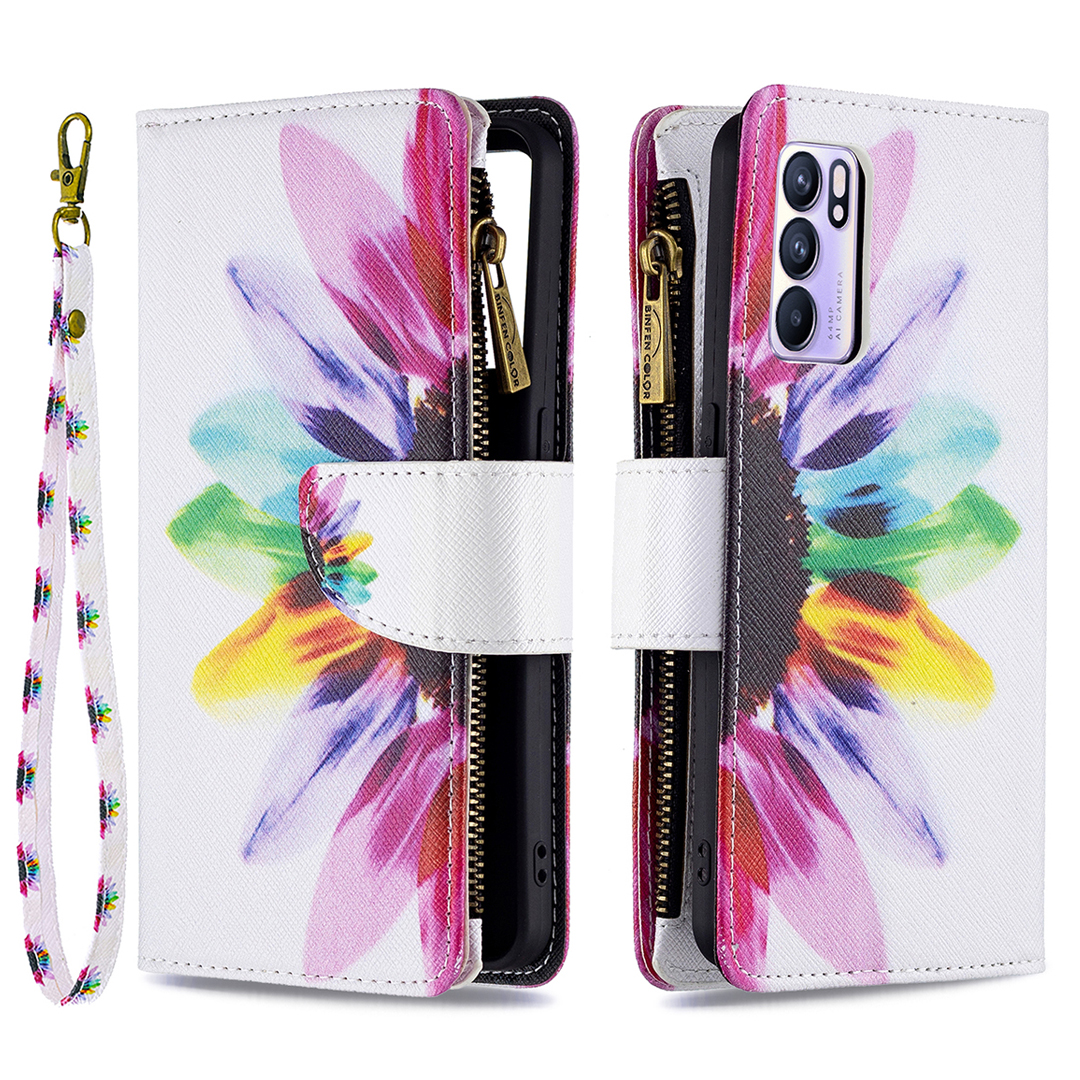 

BF03 Reißverschluss Brieftasche Design Leder Schutzhülle Mit Stand Für Oppo Reno6 5G - Sonnenblume, Oppo Reno6 5G