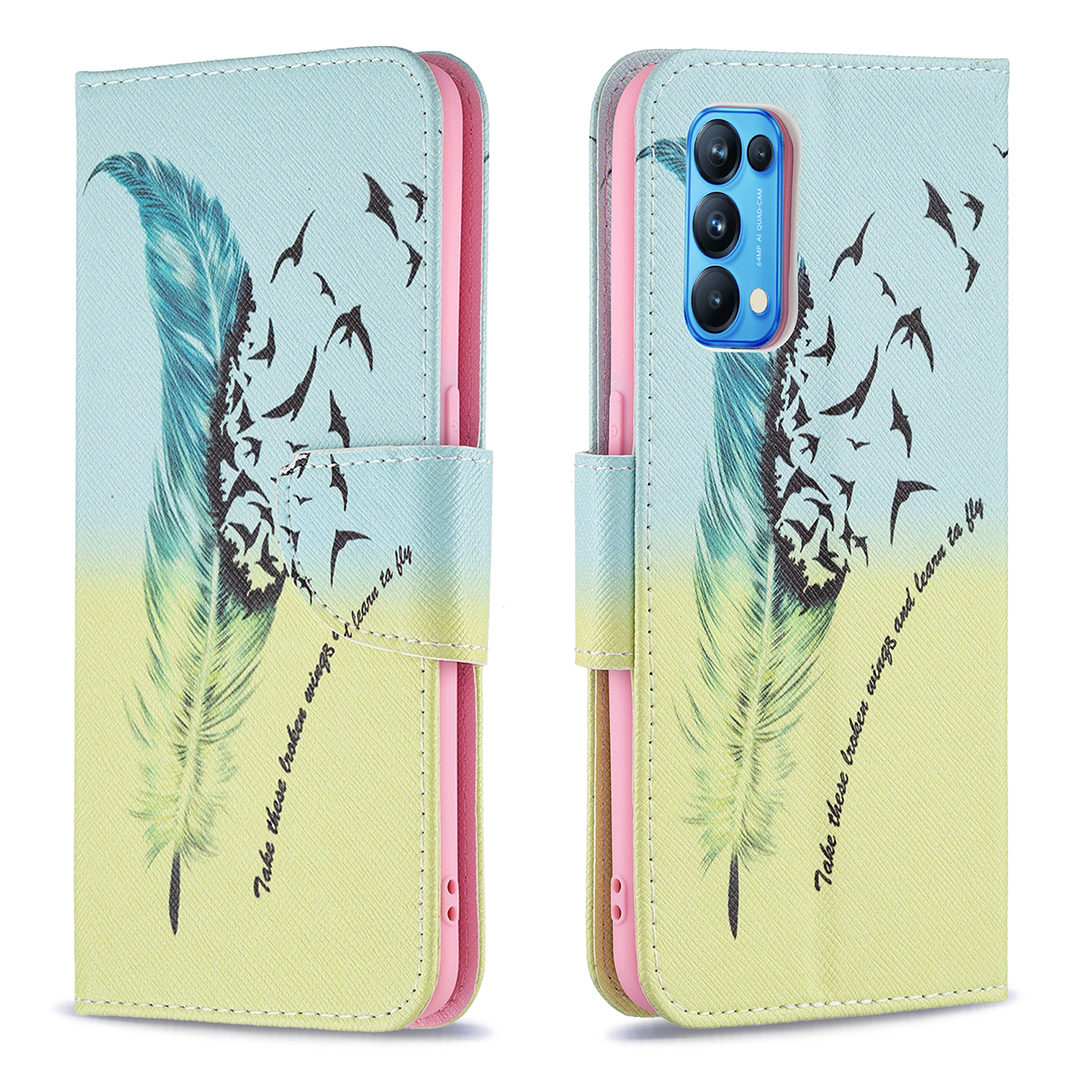 

Muster Druckschockdicht Magnetischer Verschluss Leder Brieftasche Hülle Für Oppo Reno5 4G/5G - Feder-/vogelmuster, Oppo Reno5 4G