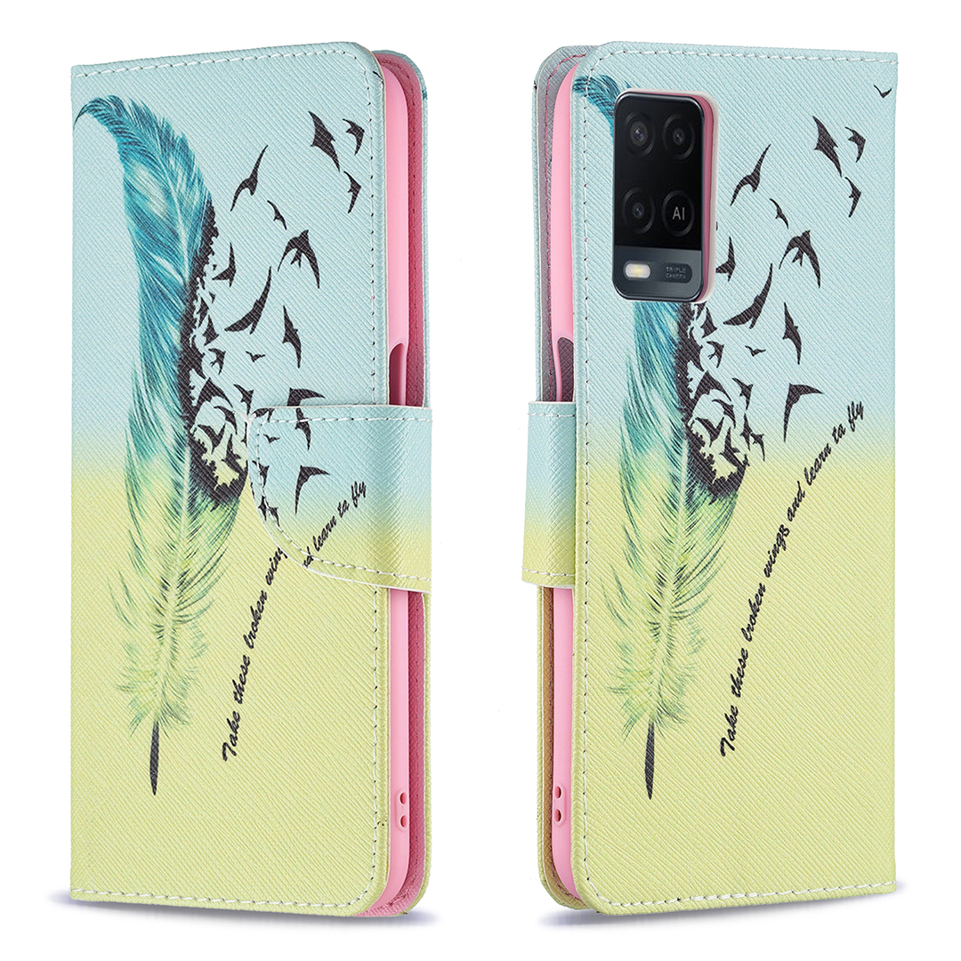 

Wallet Design Fall-resistentes Musterdruck Magnete Ledertasche Mit Einstellbarem Stand Für OPPO A54 4G / A55 5G - Feder- / Vogelmuster, Oppo A54 4G