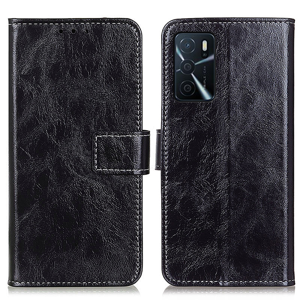 

Vintage Style Crazy Horse Texture PU Leder Brieftasche Magnetische Verschlussstand Folio Telefon Hülle Für Oppo A16 / A53s 5G / A55 5G - Schwarz, Oppo A16