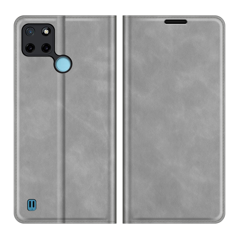 

Auto-absorbierte Haut-touch-brieftasche Design Leder Cover Stand Hülle Für Realme C21Y - Grau, Realme C21Y