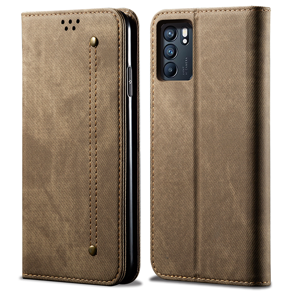 

Freizeitstil Jeans Stoff Textur Leder Kartenschlitz Wallet Stand Hülle Für Oppo Reno6 5g - Grün, Oppo Reno6 5G