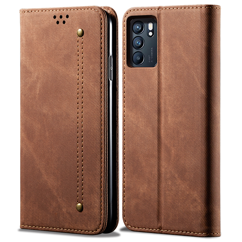 

Freizeitstil Jeans Stoff Textur Leder Kartenschlitz Wallet Stand Hülle Für Oppo Reno6 5g - Braun, Oppo Reno6 5G