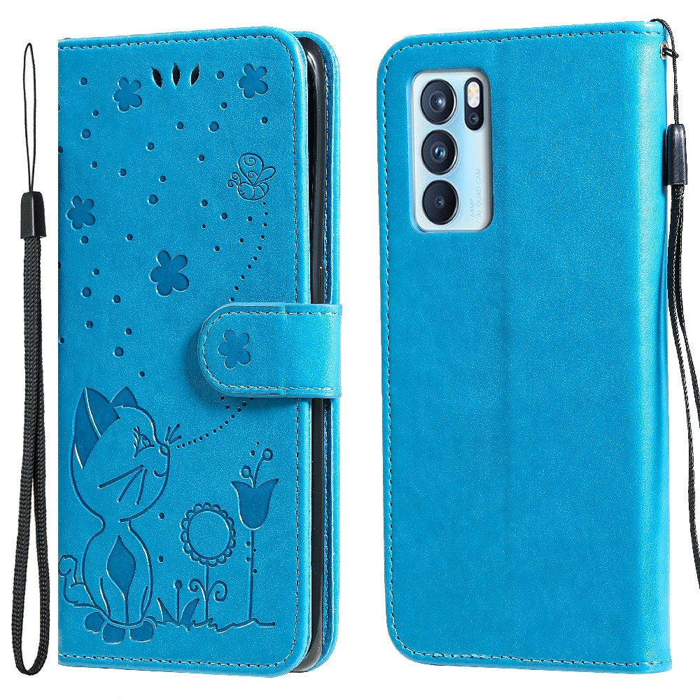 

Kt-sprudelblumen-serie-4-katze Und Bienenmuster-sprudel-leder-brieftasche Mit Einstellbarem Stand-telefon-hülle Für Oppo Reno6 Pro 5G (mediatek) - Blau, Oppo Reno6 Pro 5G (MediaTek)