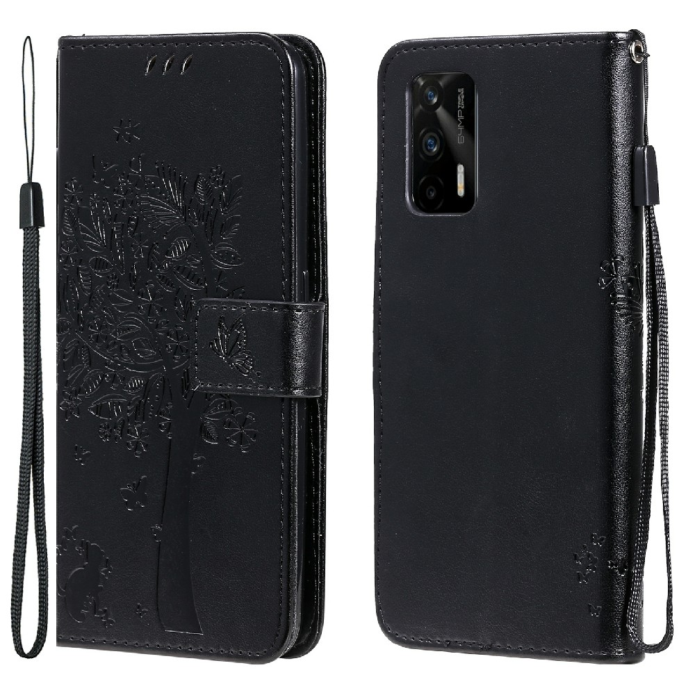 Imprinted Cat and Tree PU Leather Phone Case with Wallet Stand for Realme GT 5G - Black